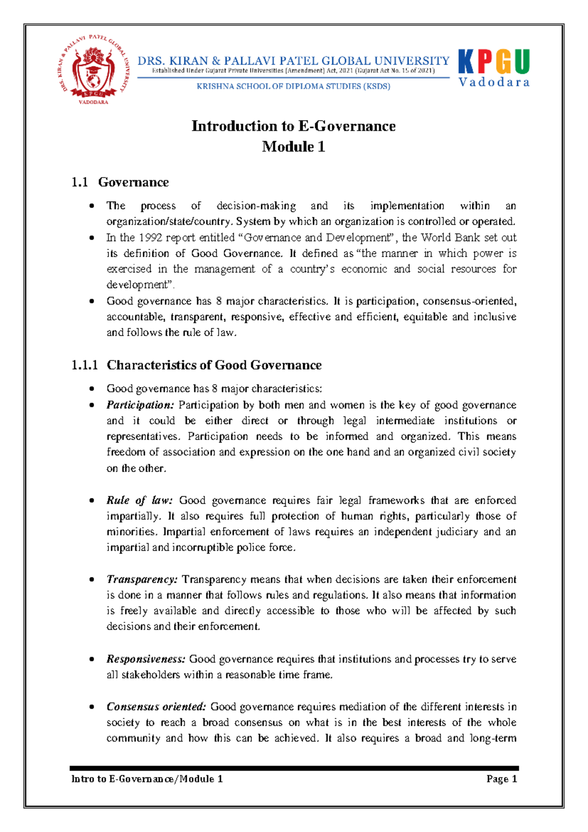 E-Gov Module 1: Introduction to E-Governance and Its Key Aspects - Studocu