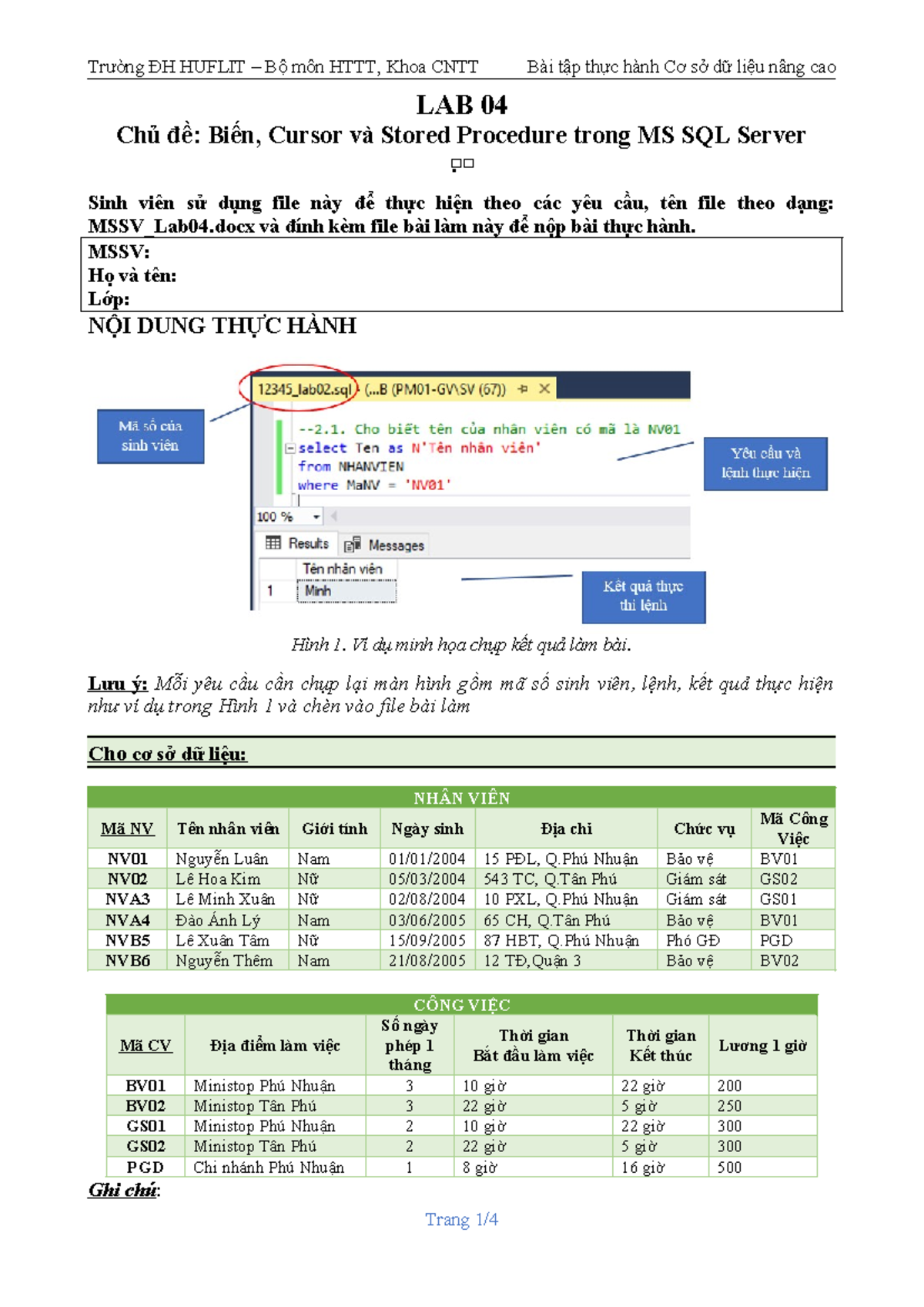 Lab04 - Biến, Cursor và Stored Procedure trong MS SQL Server - Studocu