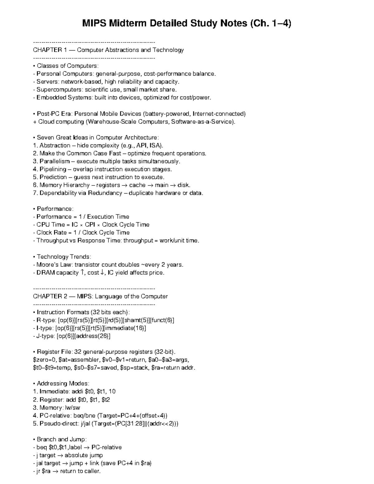 MIPS Midterm Study Notes: Computer Architecture & Performance Insights ...