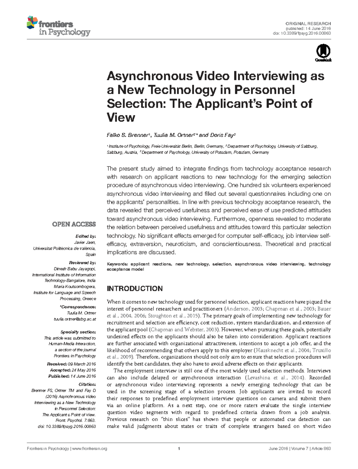 Asynchronous Video Interviewing in Personnel Selection: Applicant ...
