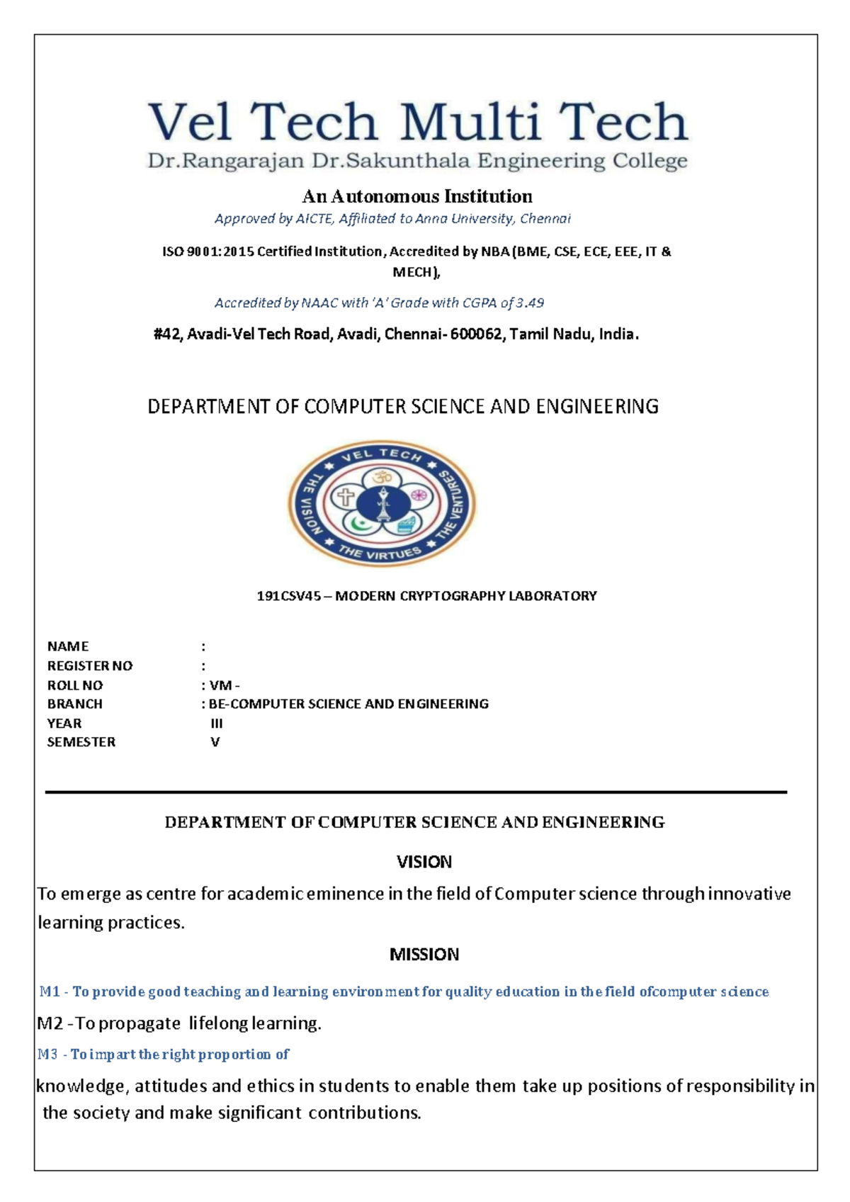191CSV45 - Modern Cryptography Lab Manual for CSE Engineering Students ...