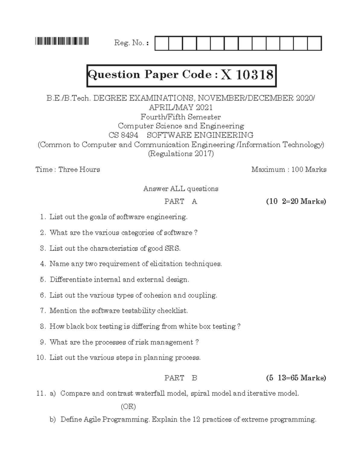 QP-CS8494 Software Engineering Exam Questions - Degree Exams 2021 - Studocu