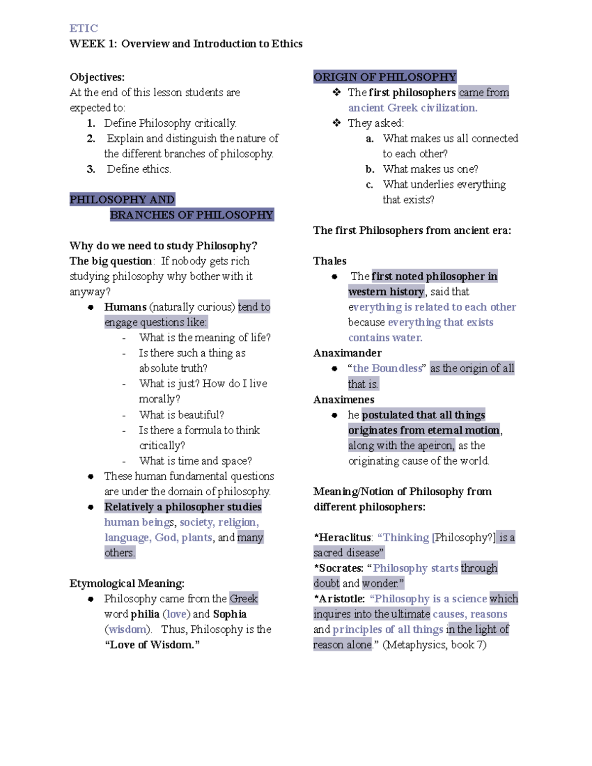 ETIC-1 - Idk - WEEK 1: Overview and Introduction to Ethics Objectives ...