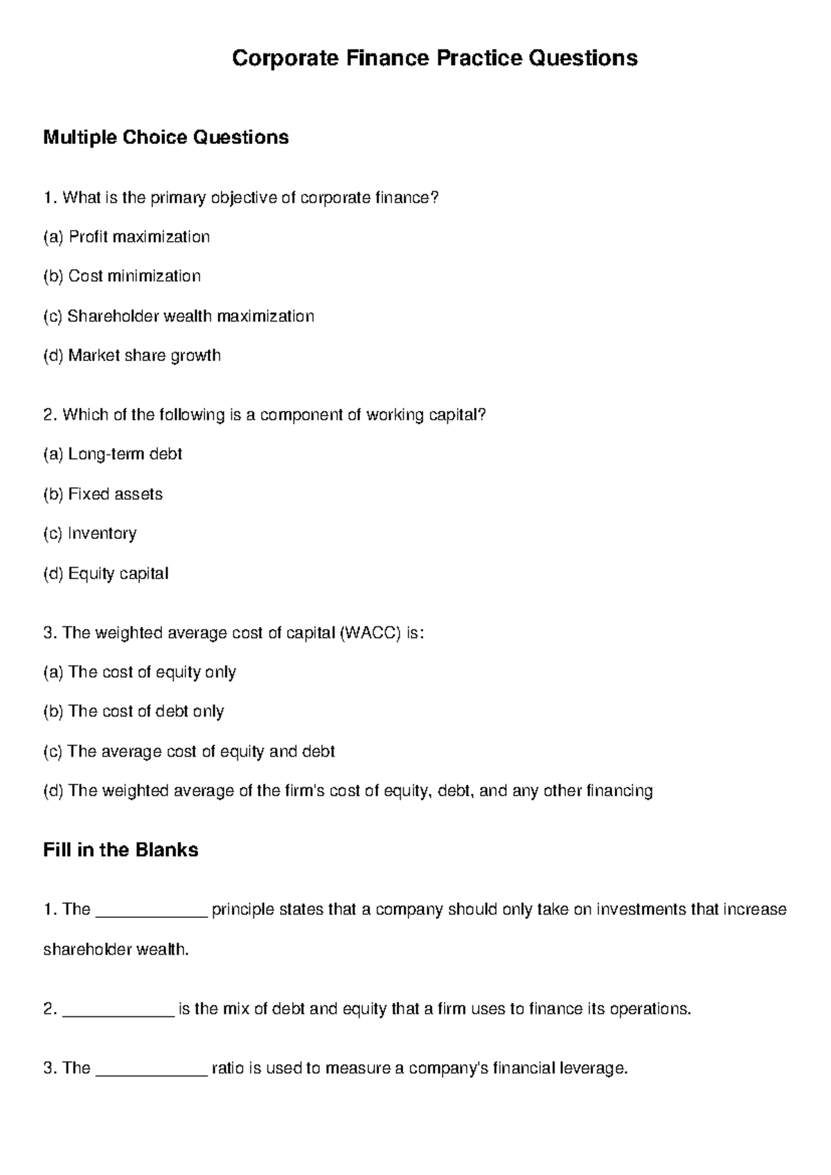 Corporate Finance Practice Questions - MCQ & Fill in the Blanks - Studocu