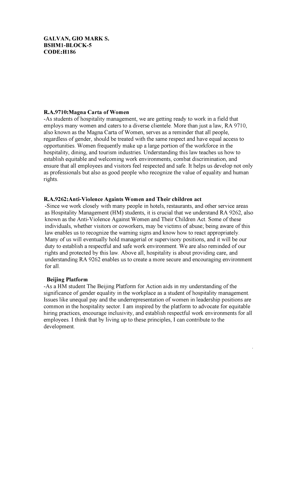 H186: Understanding RA 9710 & RA 9262 for Hospitality Management - Studocu