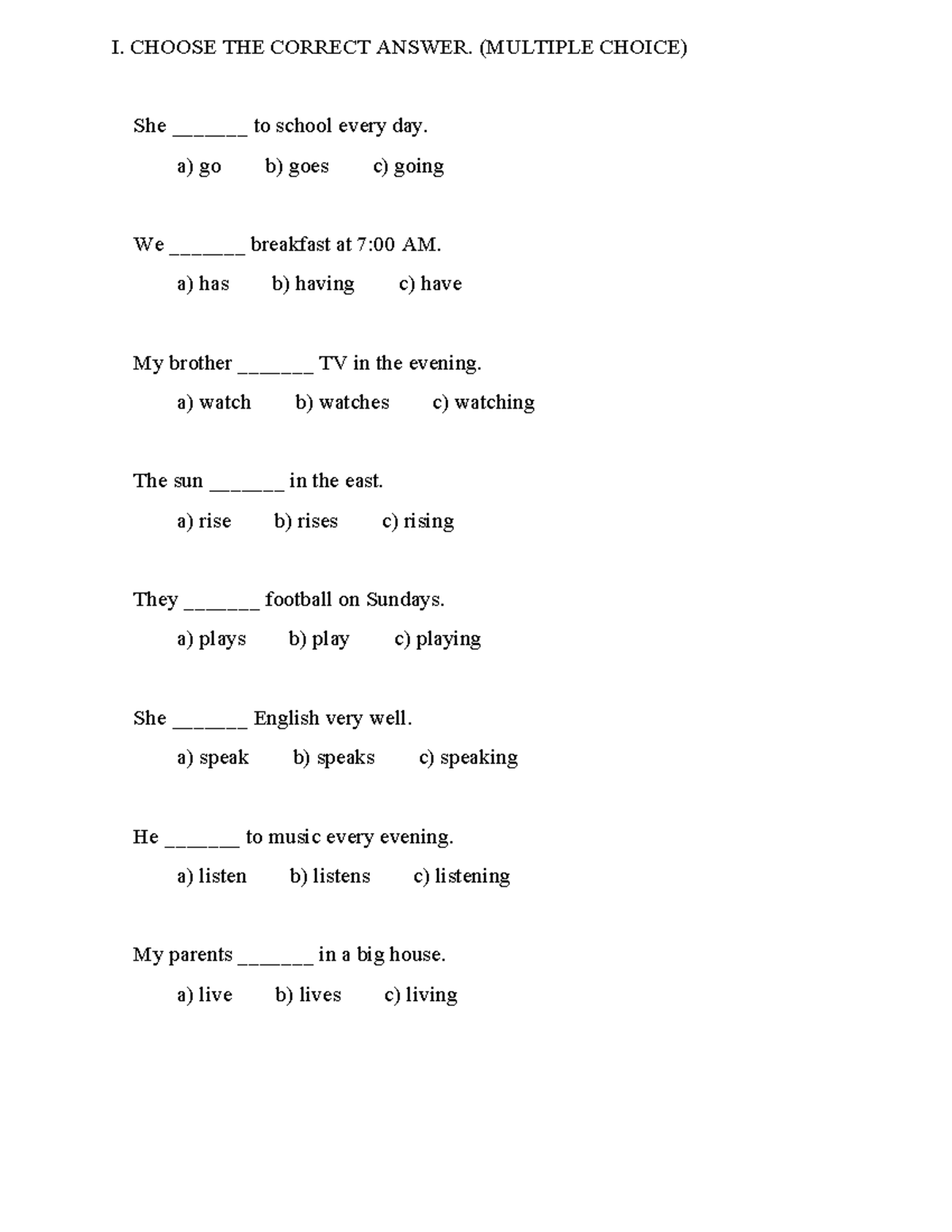 Present Simple Quiz (Multiple Choice & Exercises) - Studocu