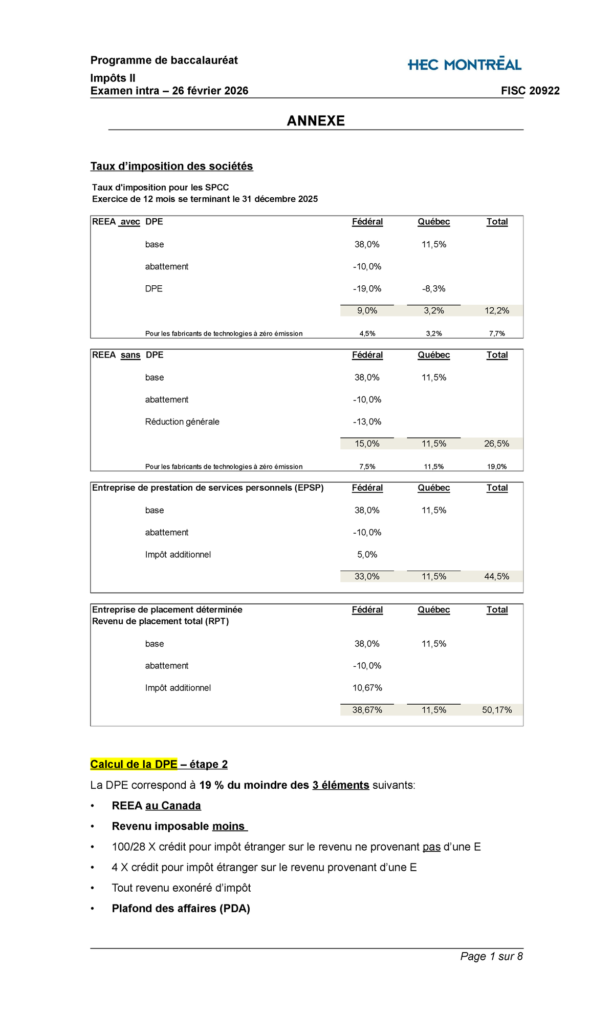 FISC 20922 Examen Intra Hiver 2026 - Annexe Taux des Sociétés - Studocu