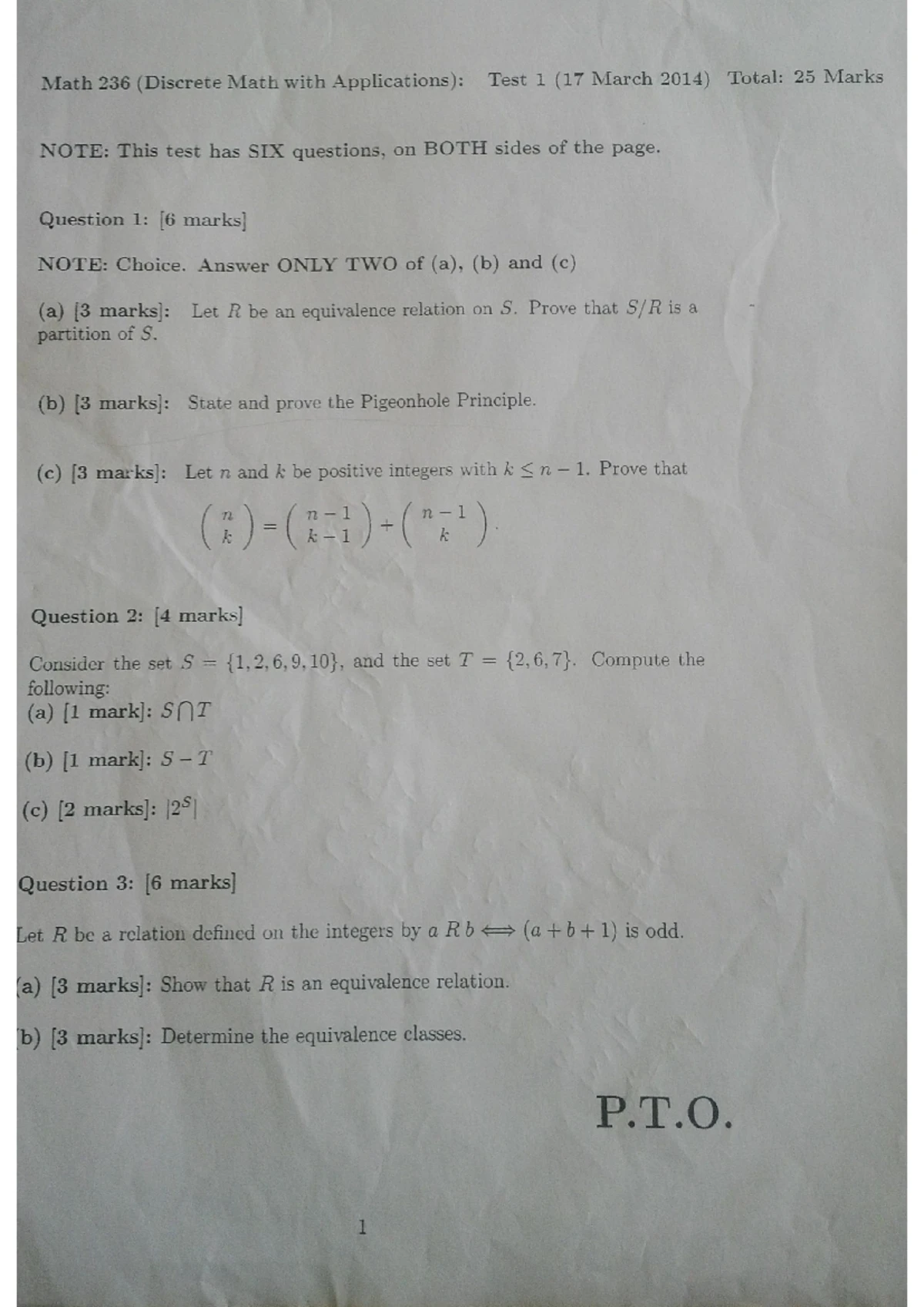 MATH236 Discrete Mathematics Class Test 02 Mock Test - 70 Marks - Studocu