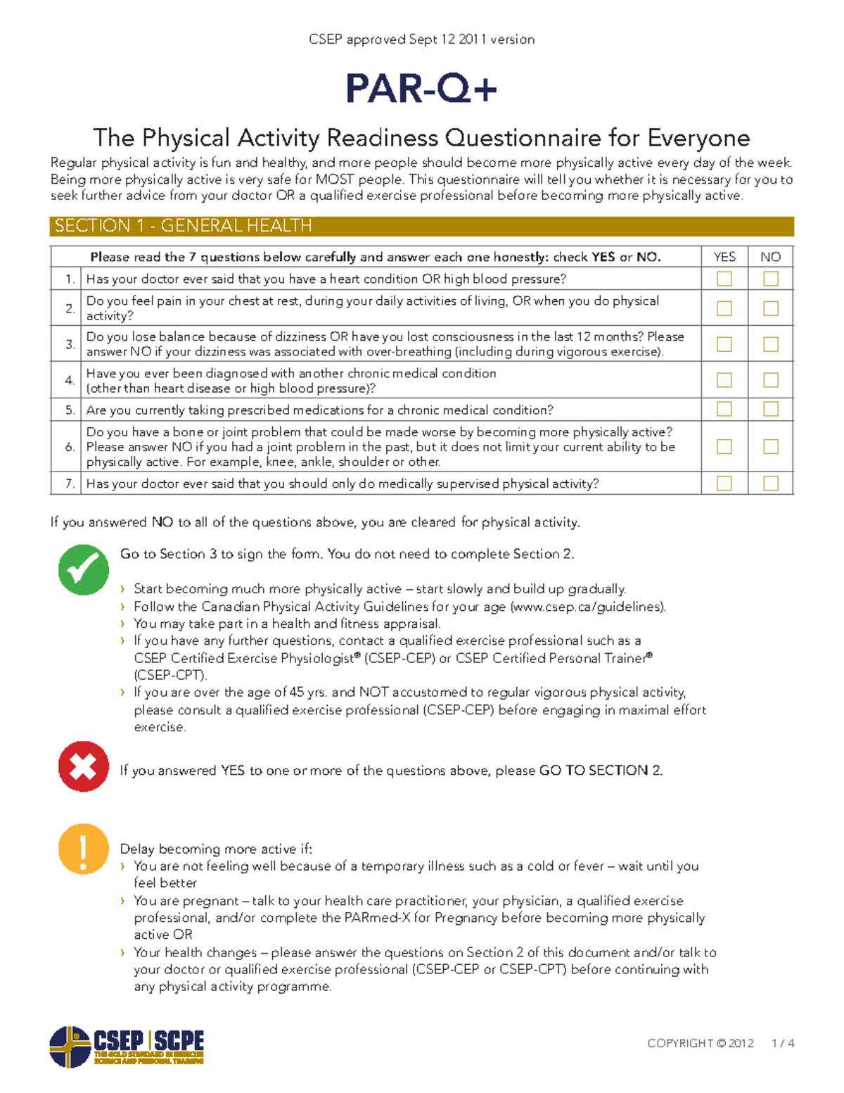 PAR-Q+ Questionnaire for Physical Activity Readiness (CSEP) - Studocu