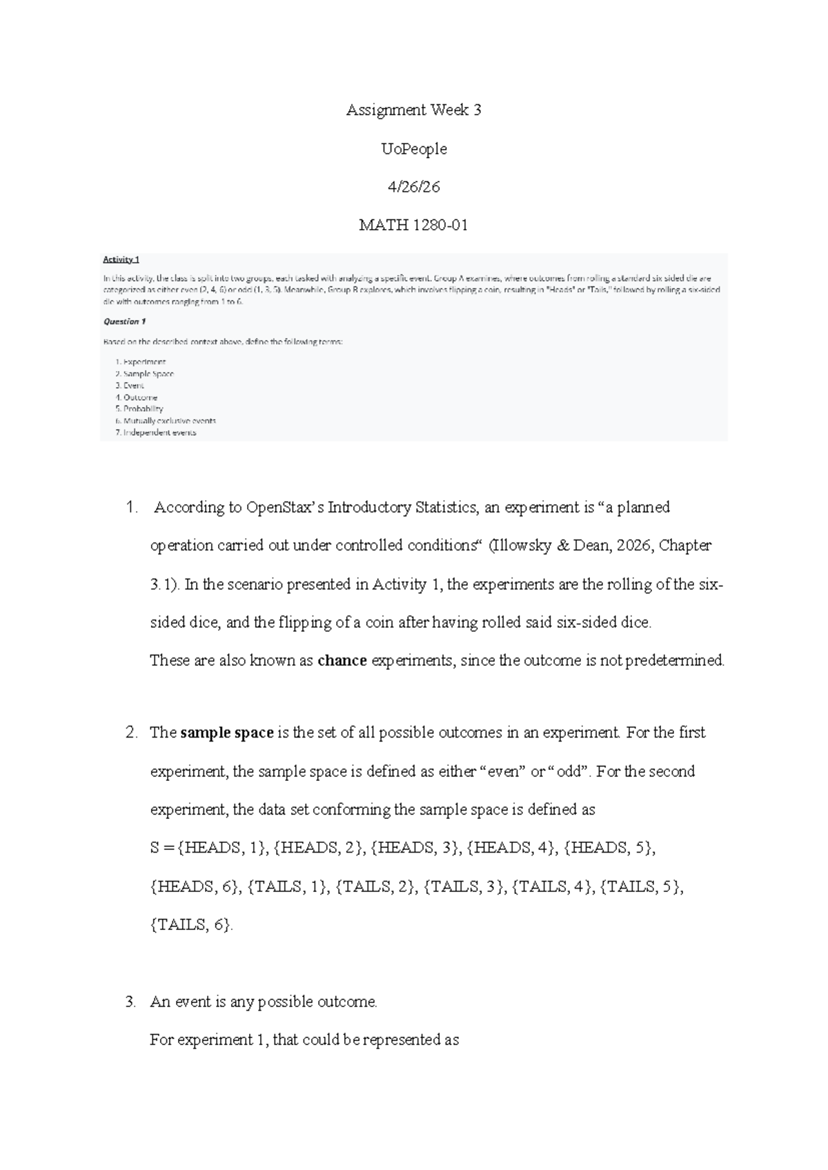 Assignment Week 3 - Introductory Statistics UoPeople MATH 1 - Studocu
