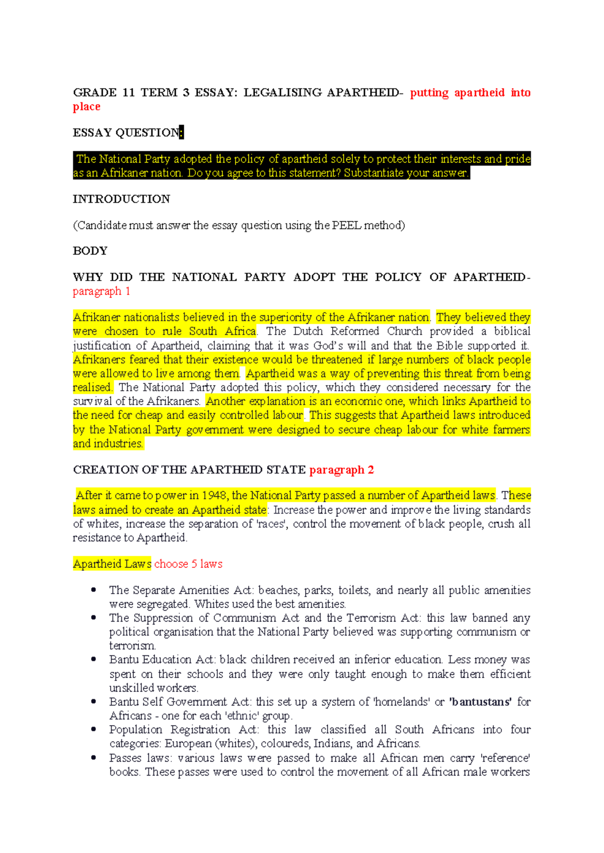 GRADE 11 TERM 3 ESSAY: LEGALISING APARTHEID - A CRITICAL ANALYSIS - Studocu