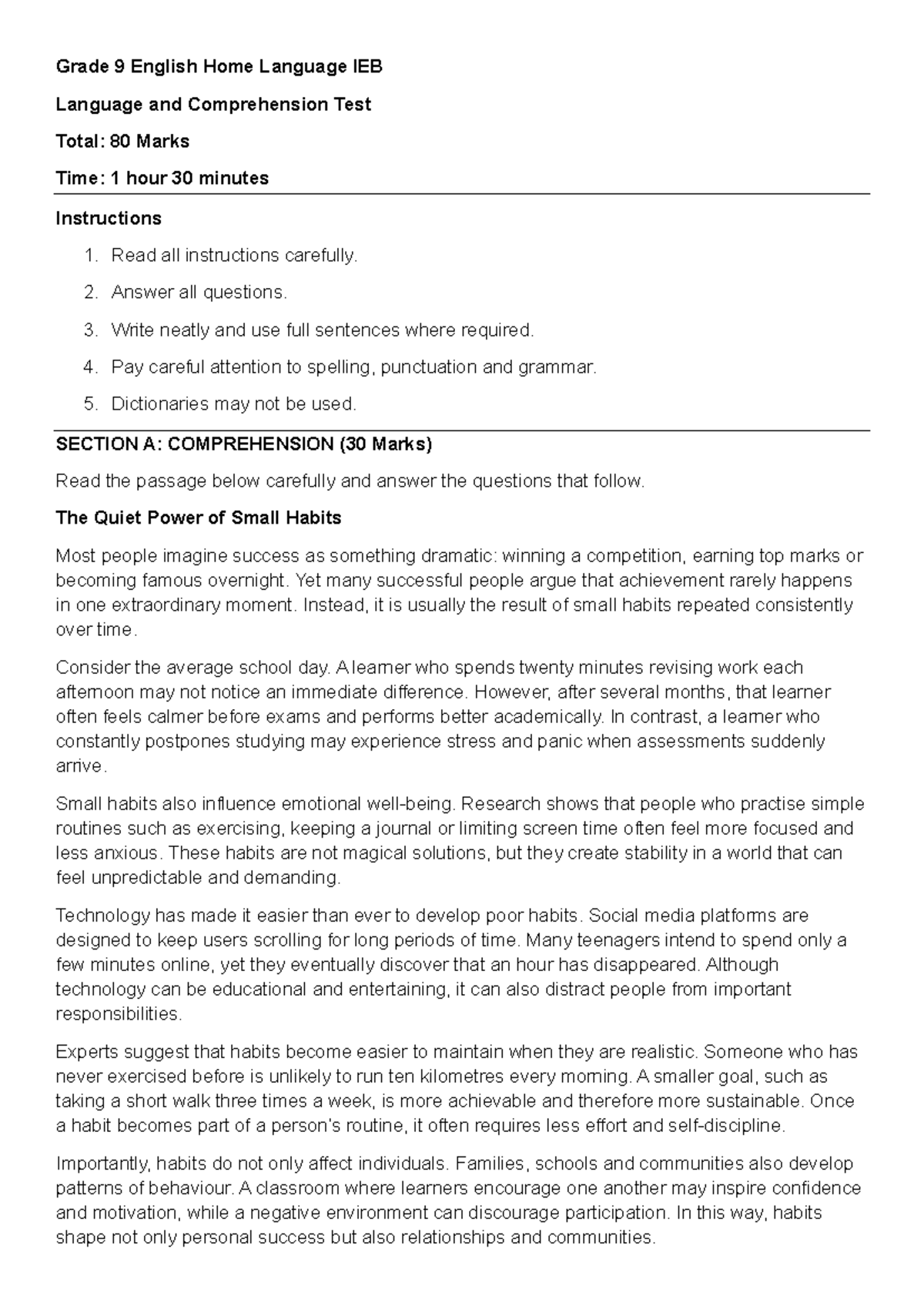 Grade 9 IEB English Home Language Comprehension Test Guide - Studocu
