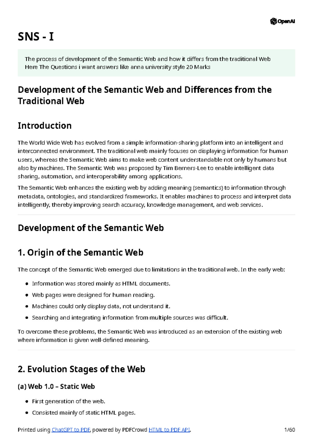 SNS I - Development of the Semantic Web vs. Traditional Web - Studocu