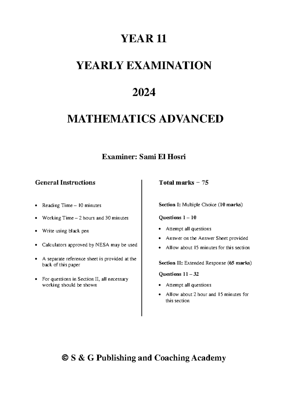 2024 Year 11 Advanced Mathematics Yearly Exam Paper - Studocu
