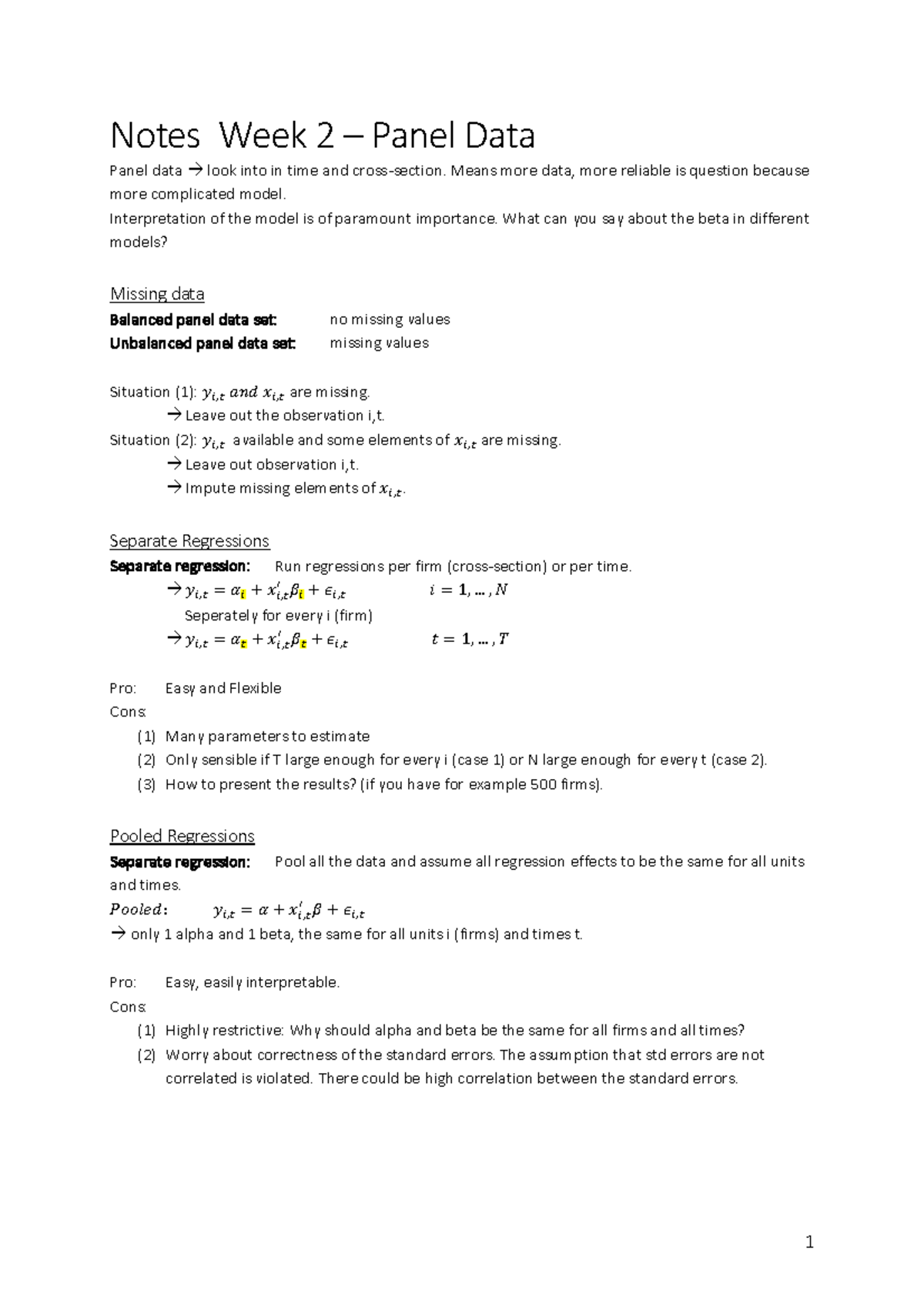 Lecture notes - Panel Data (week 2) - Notes Week 2 – Panel Data Panel ...