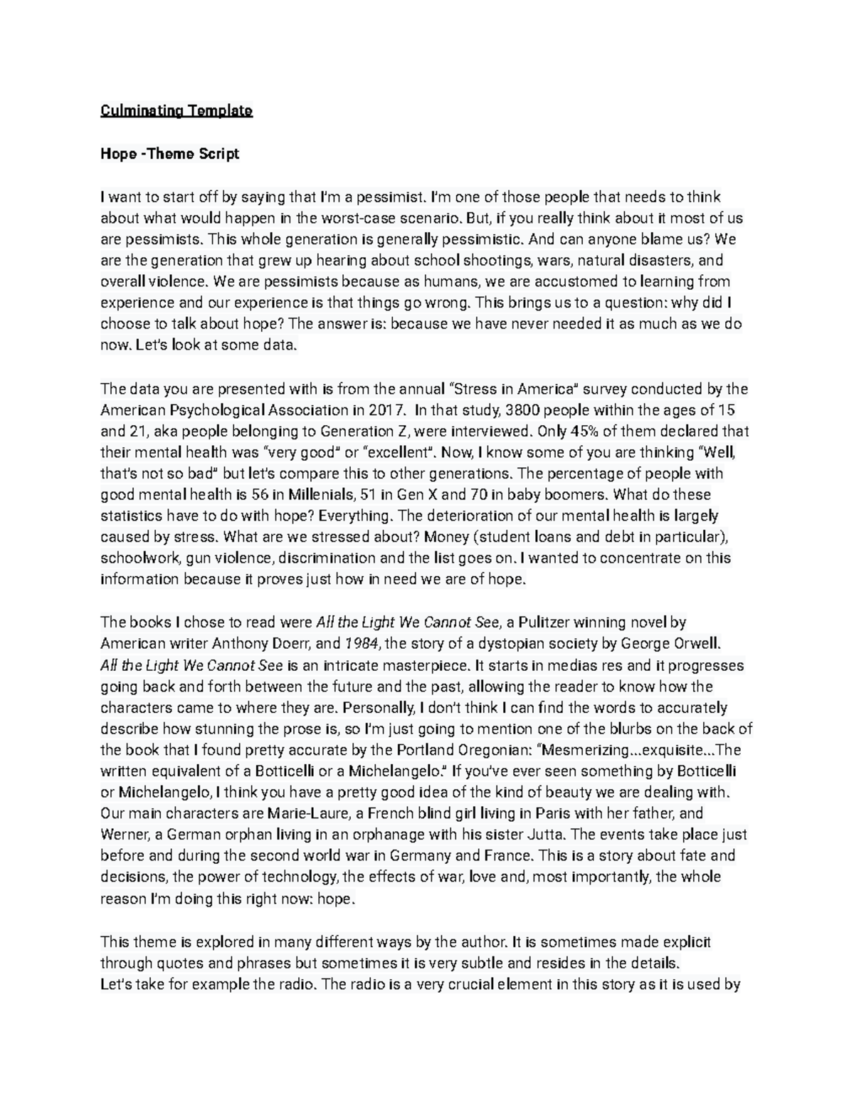 Culminating Script Exemplar: Exploring Hope in Literature - Studocu