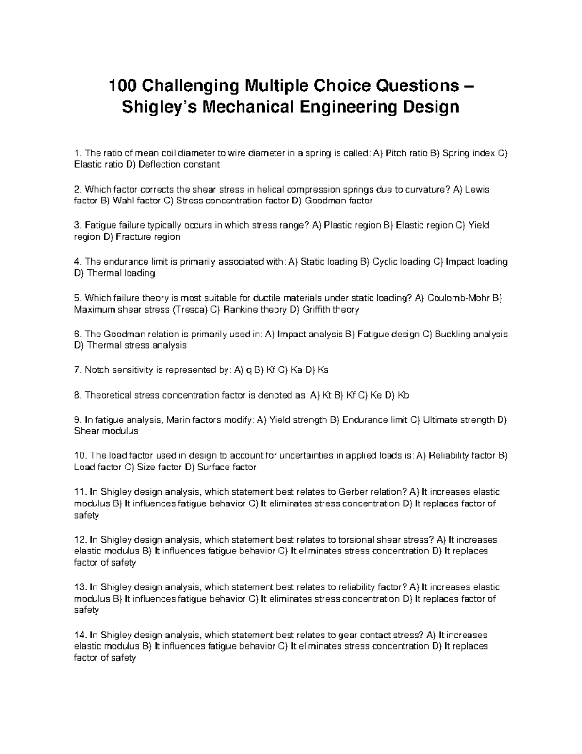ME 101: 100 Challenging MCQs on Mechanical Engineering Design - Studocu