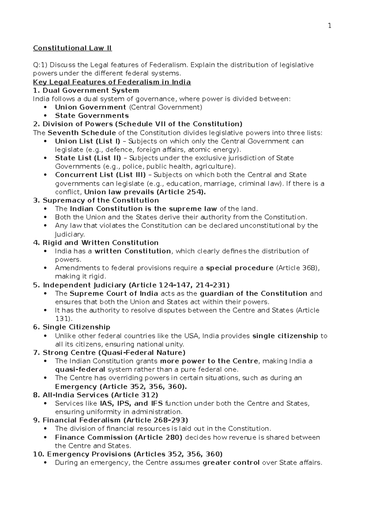 Constitutional Law II - Key Features of Federalism & Comparative Notes ...