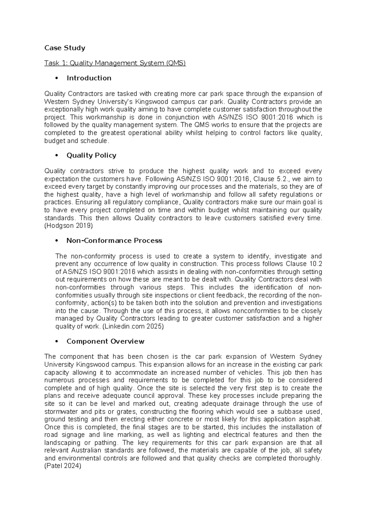 Case Study Task 1: Quality Management System for Car Park Expansion ...