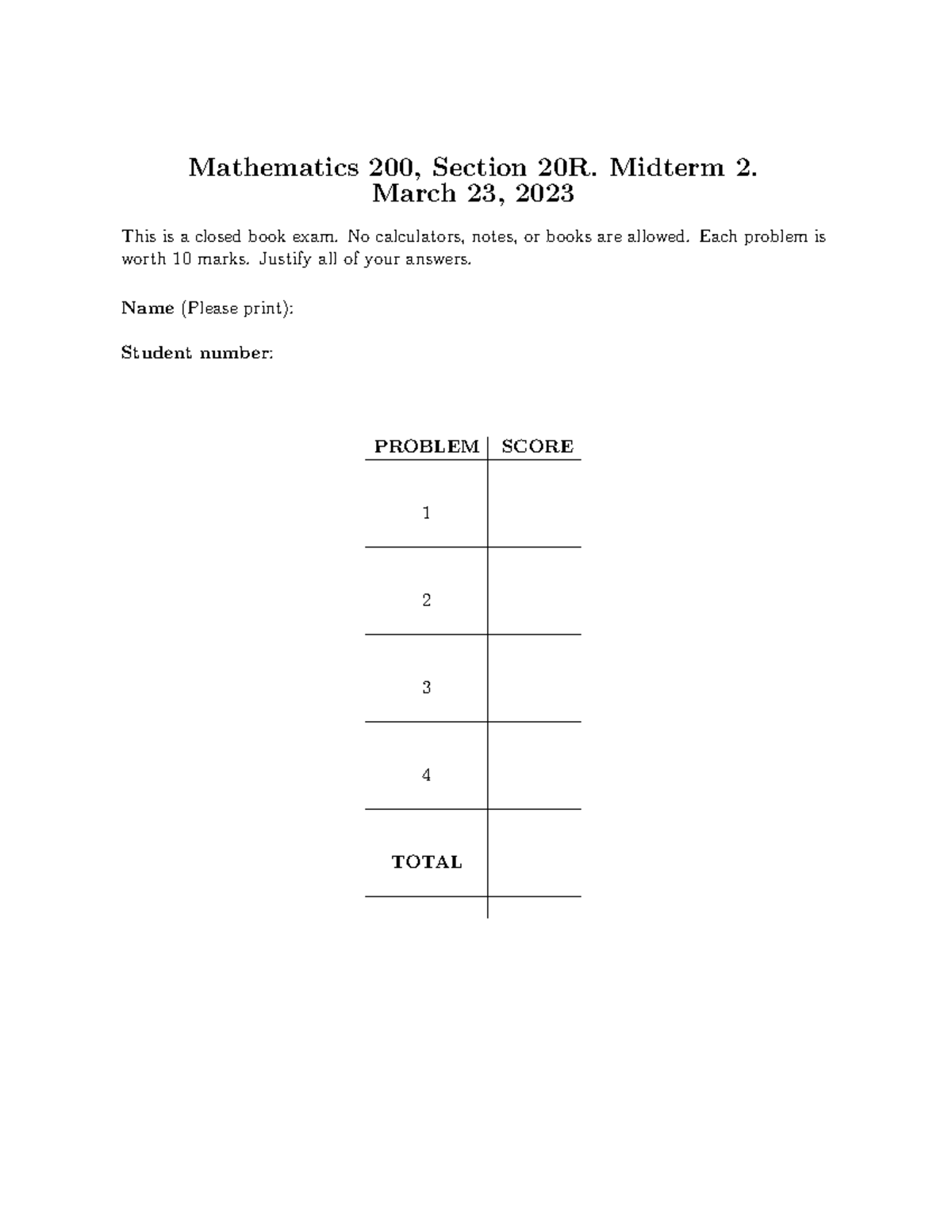Midterm 2 Solutions for Mathematics 200, Section 20R - March 2023 - Studocu