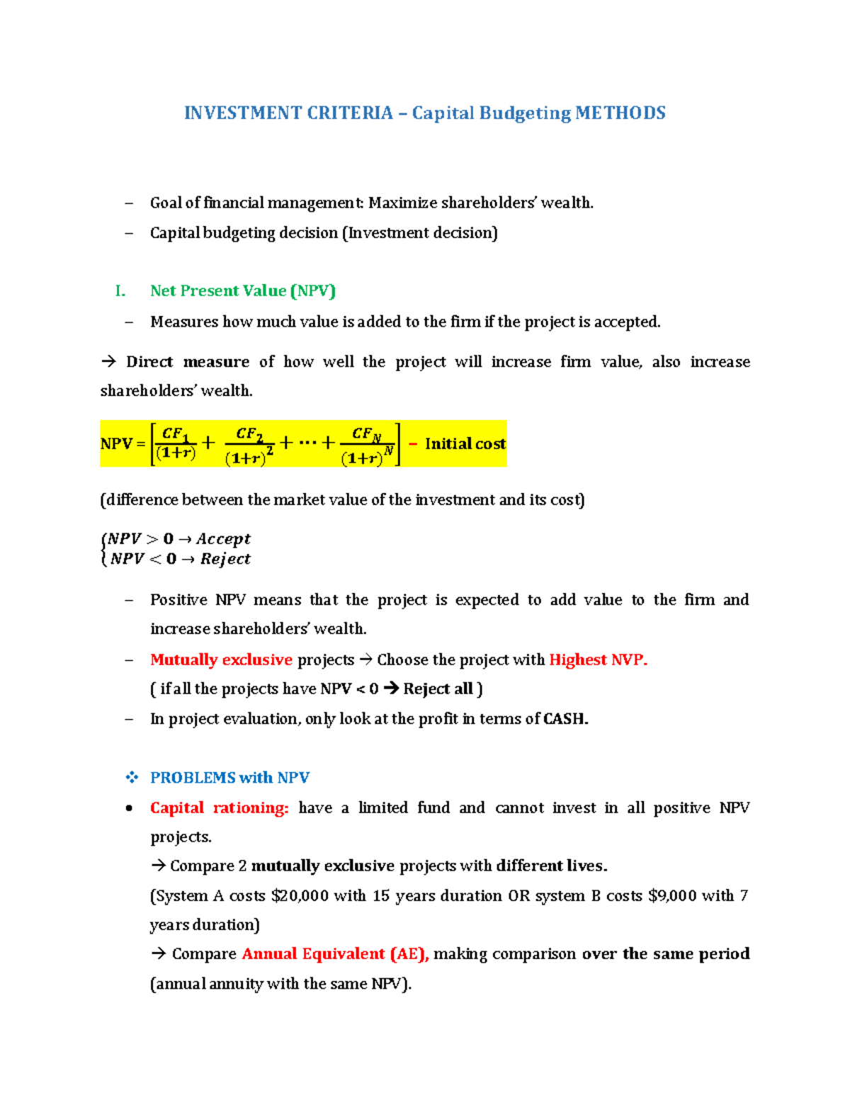 Capital Budgeting Methods: NPV, IRR, and PI Analysis (FIN 301) - Studocu