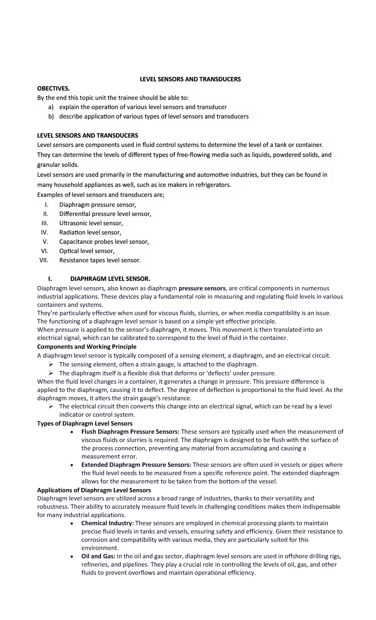 LEVEL SENSORS AND TRANSDUCERS: Key Concepts and Applications - Studocu