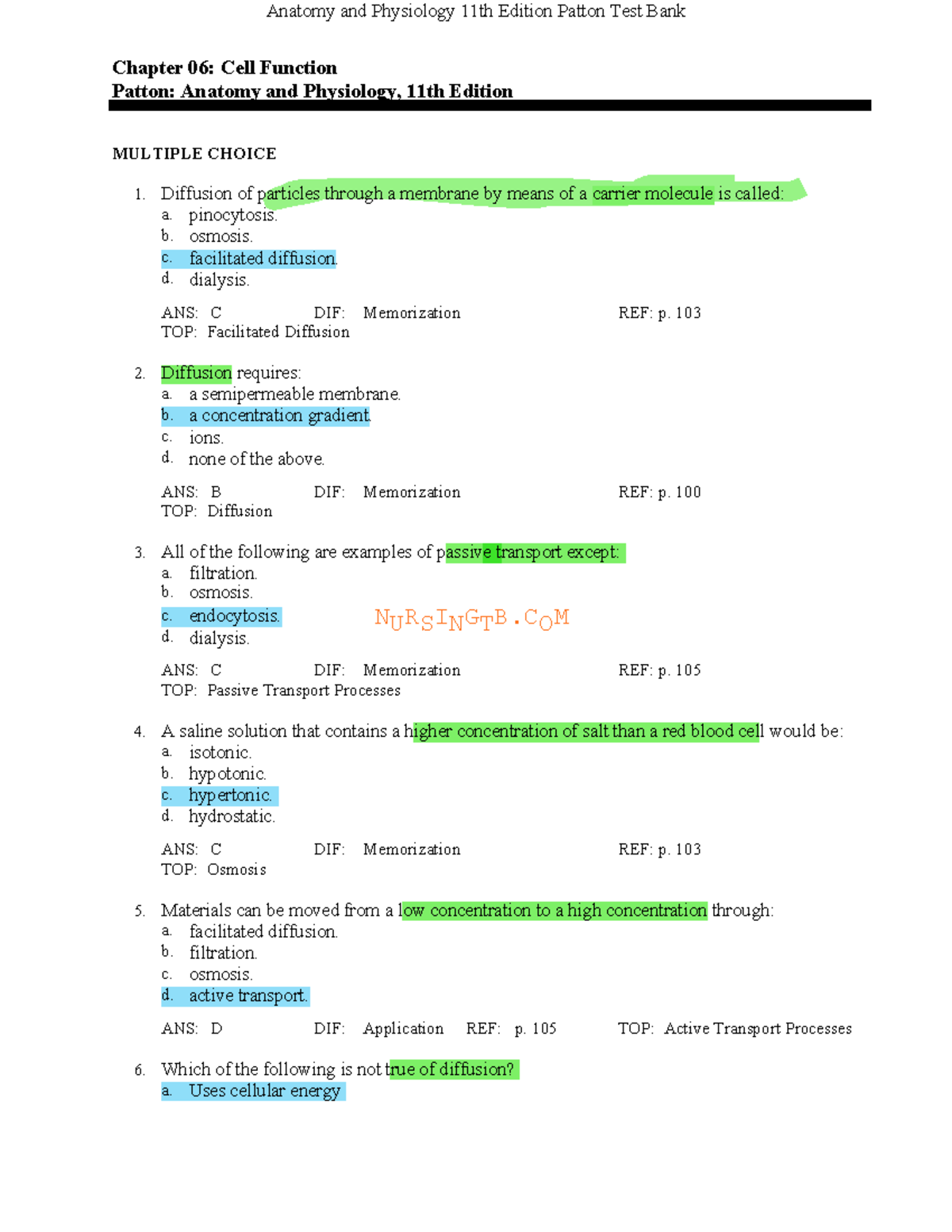 Anatomy and Physiology 11th Edition Patton Test Bank: Chapter 06 - Cell ...