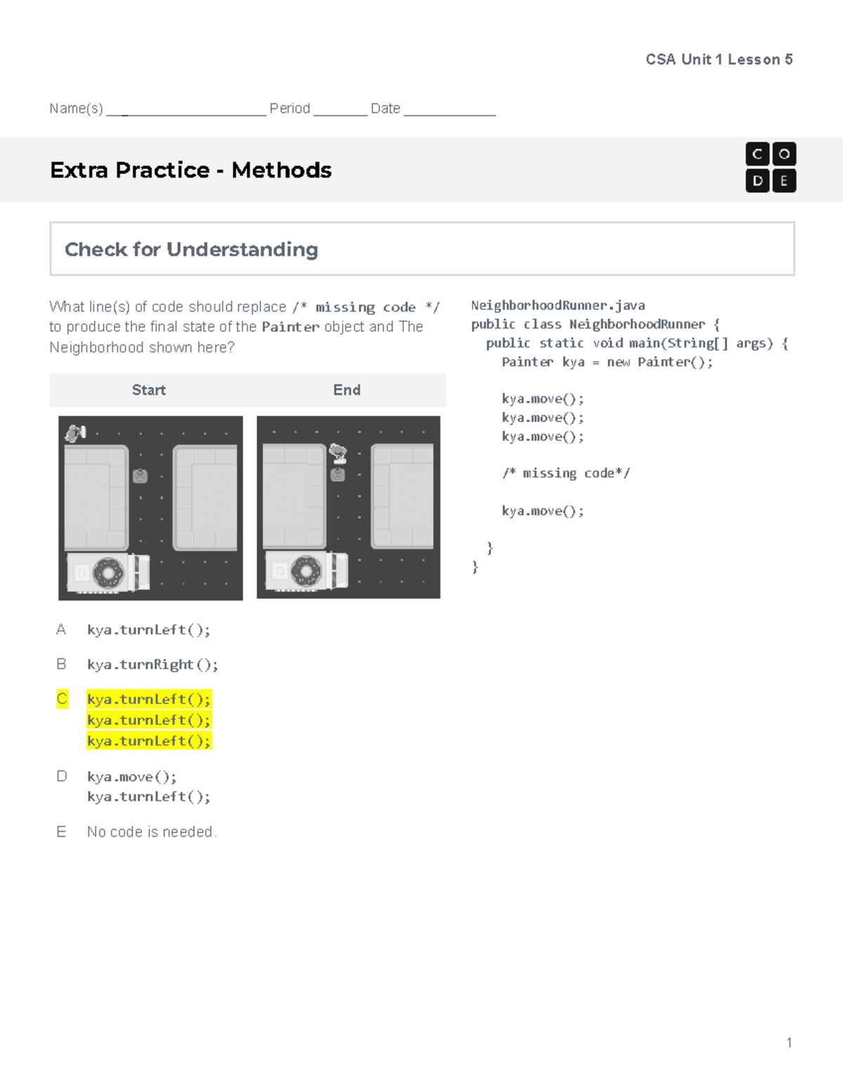 CSA U1L5 Extra Practice on Methods and Code Navigation - Studocu