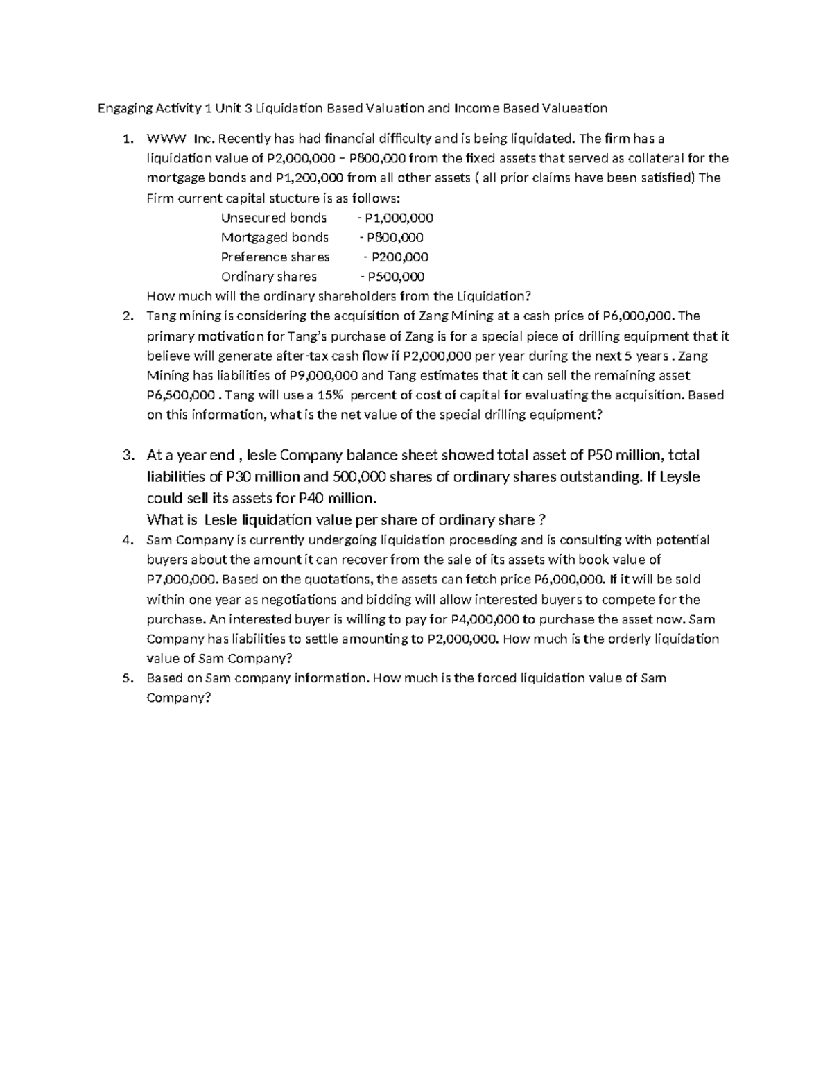 Engaging Activity 1: Unit 3 Liquidation & Income Valuation Insights ...