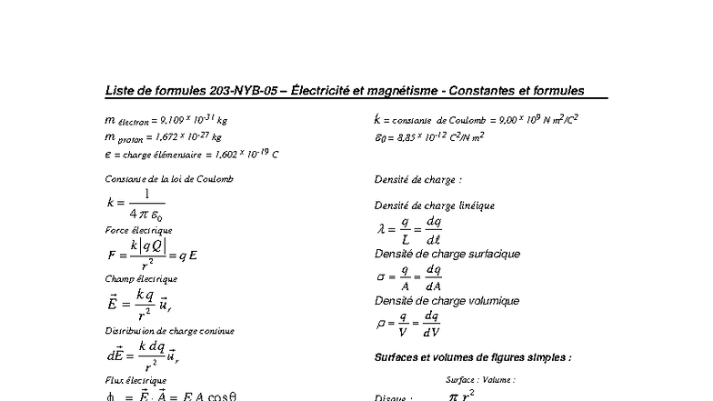 Feuille de Formules lectricit et Magntisme - Examen Intra H22 - Studocu