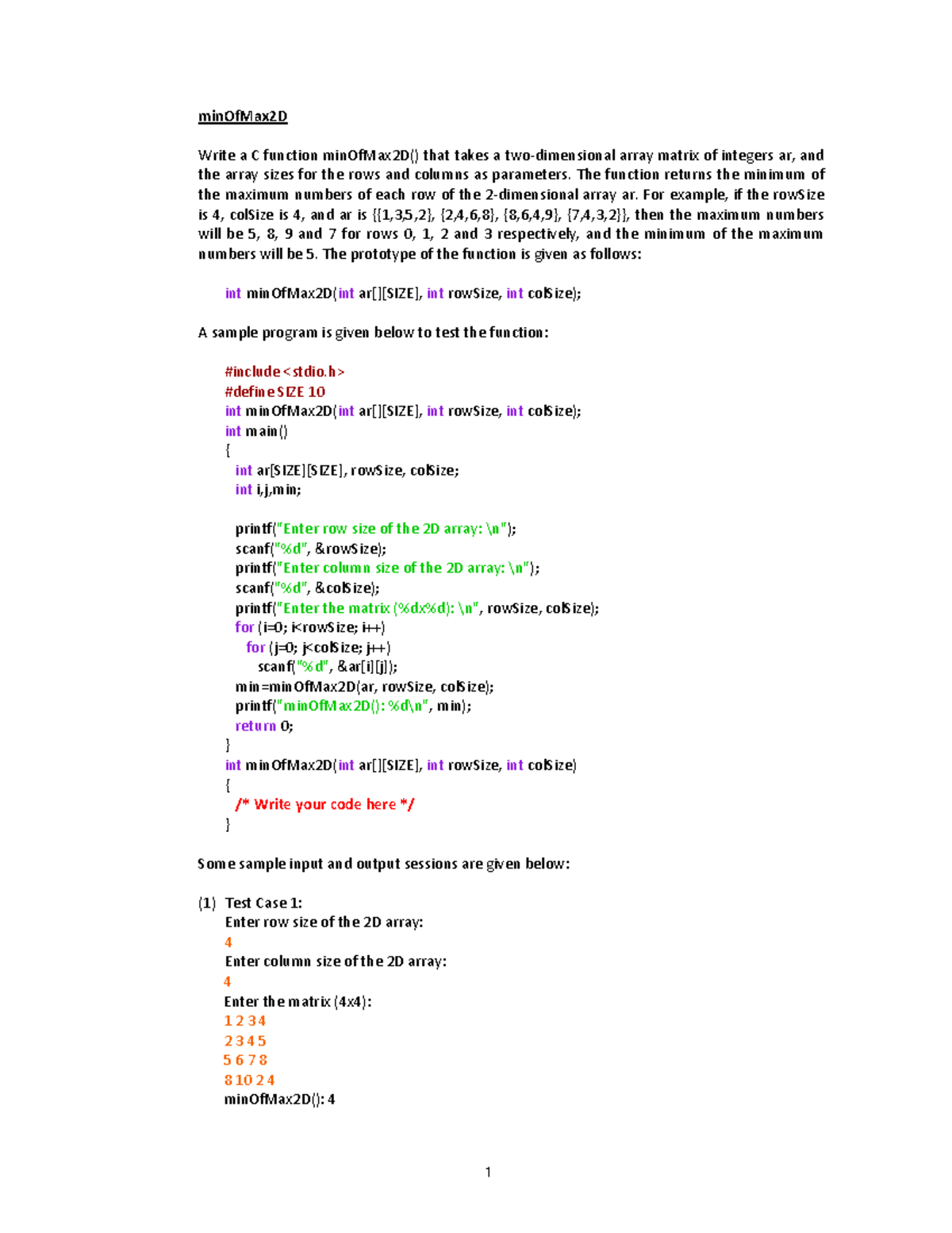 Min Of Max 2D - C Function Exercise - Studocu