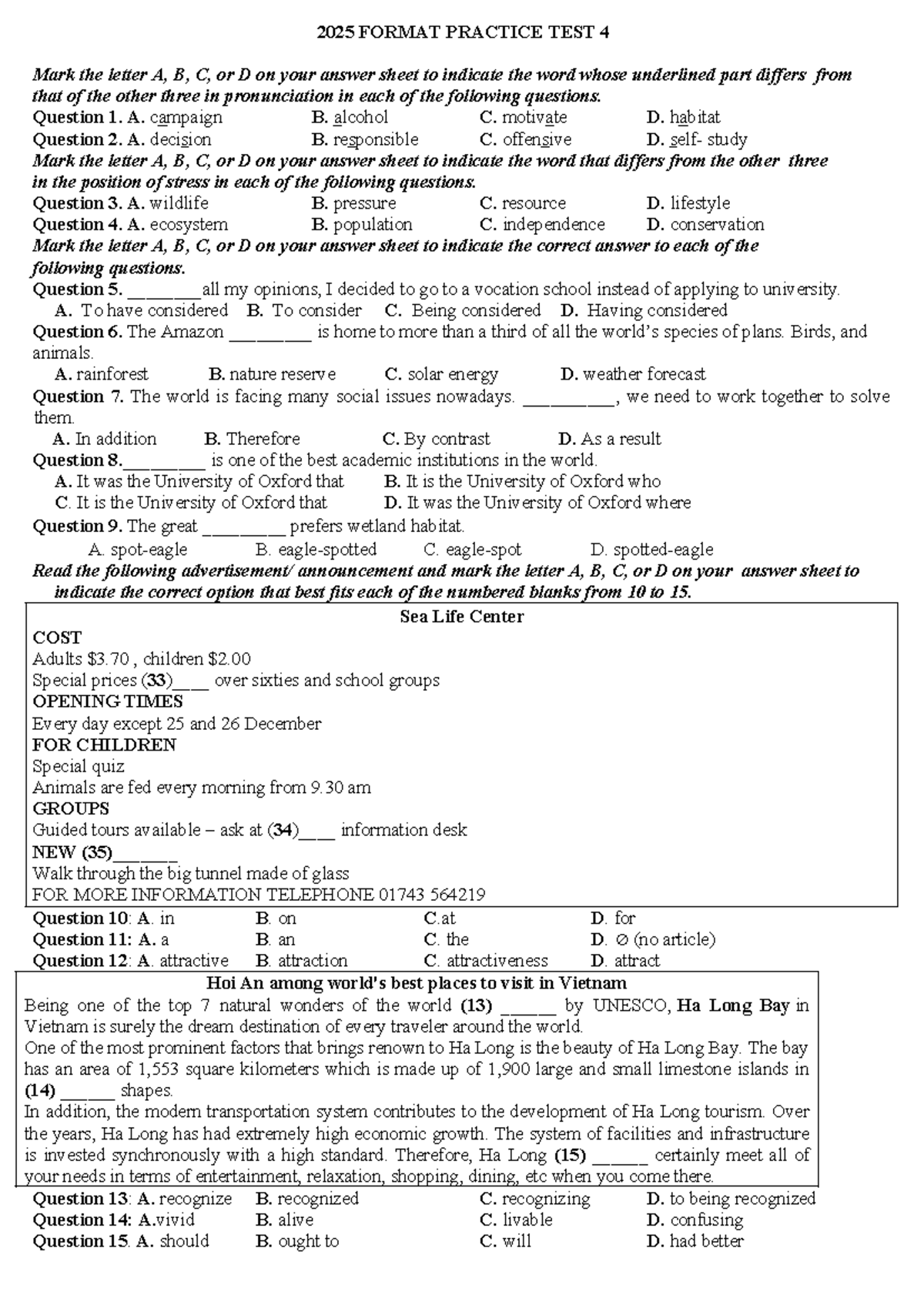 2025 FORMAT PRACTICE TEST 4 - Listening and Reading Comprehension - Studocu