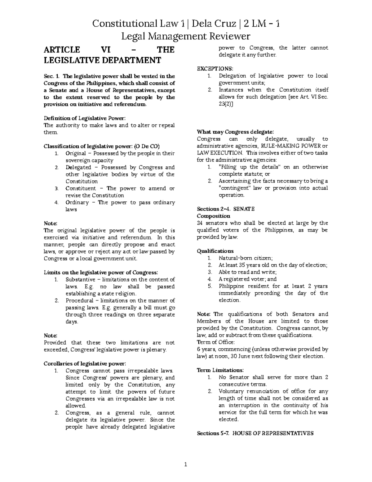 Legislative Department Review: Key Concepts & Principles (ART Pu Lo P ...