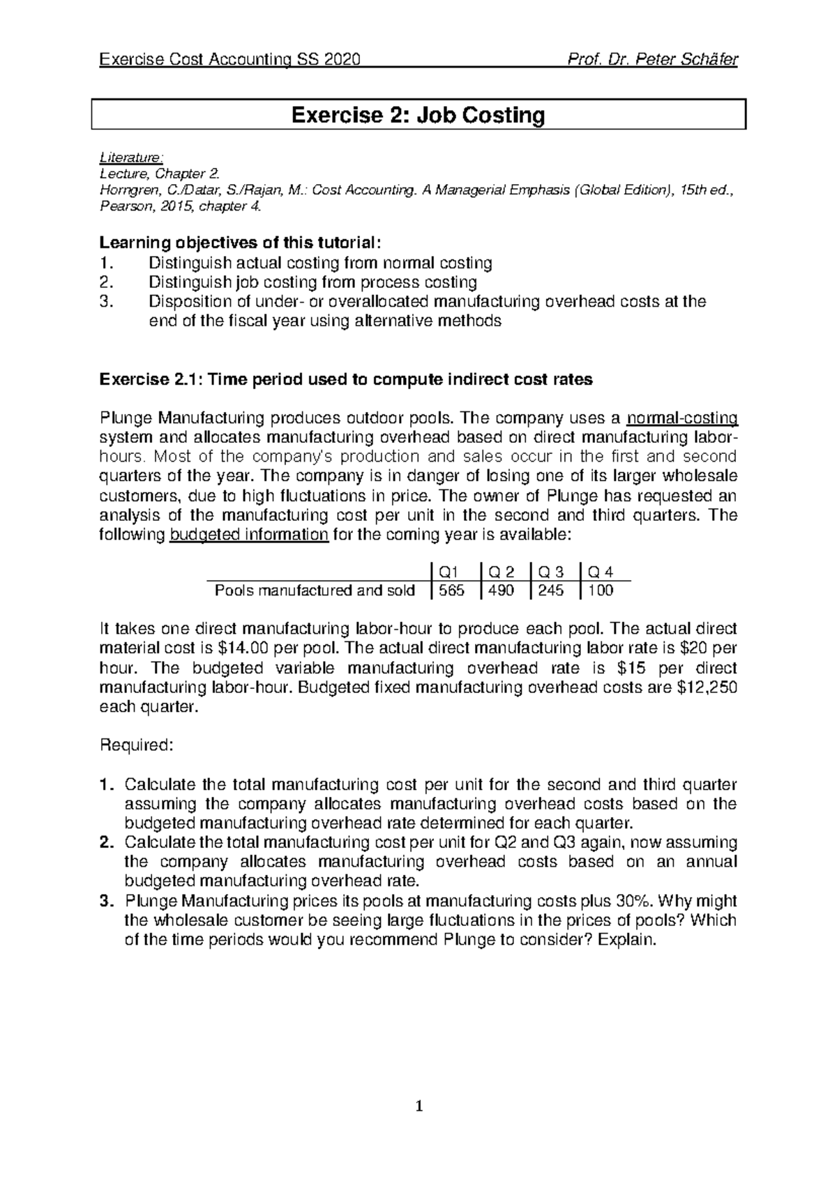 Exercise 2 CA - Exercise Cost Accounting SS 2020 Prof. Dr. Peter ...