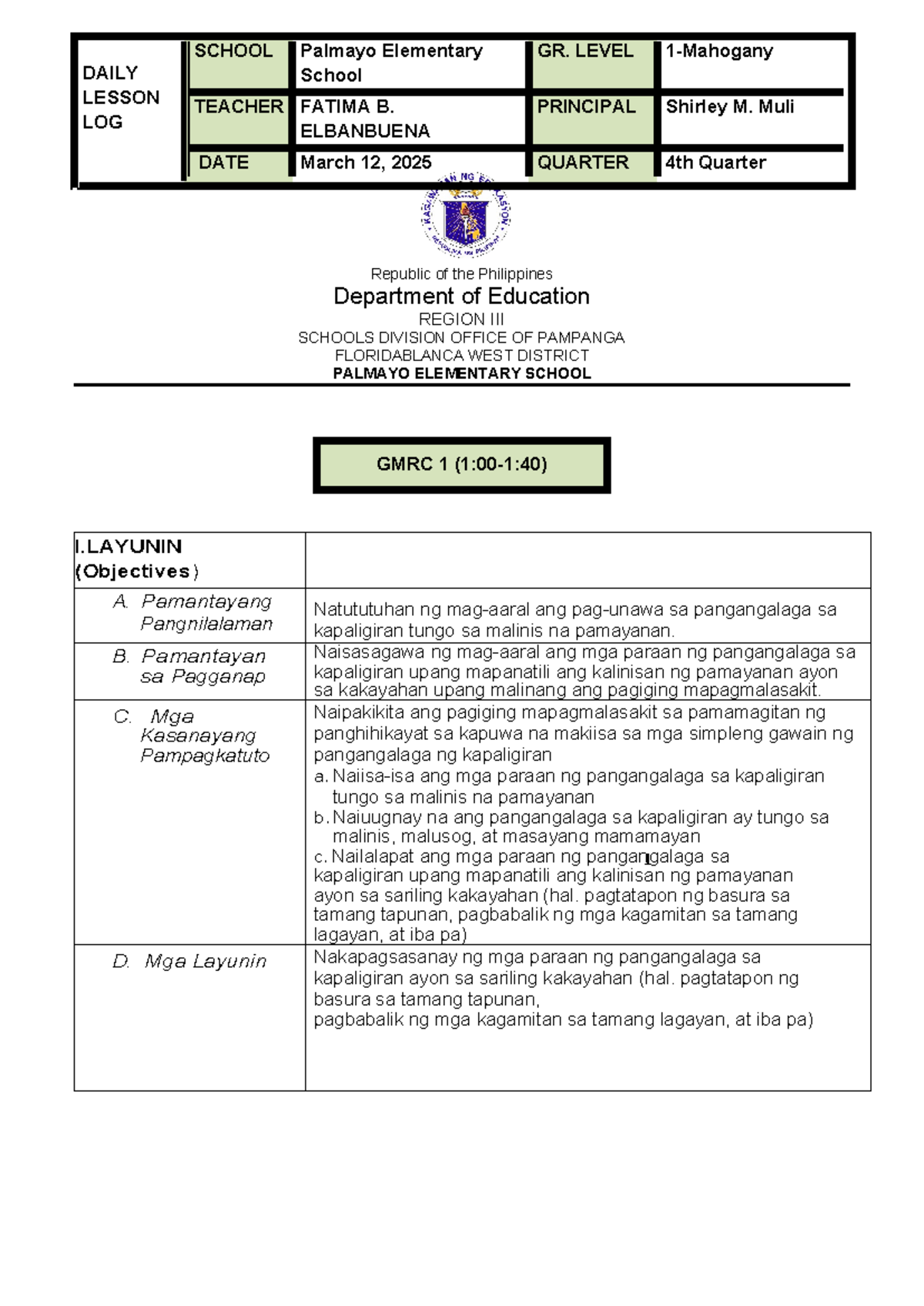 DLP GMRC 1 Q4 Week 5 - Lesson Plan on Pagmamalasakit sa Kapaligiran - Document Preview