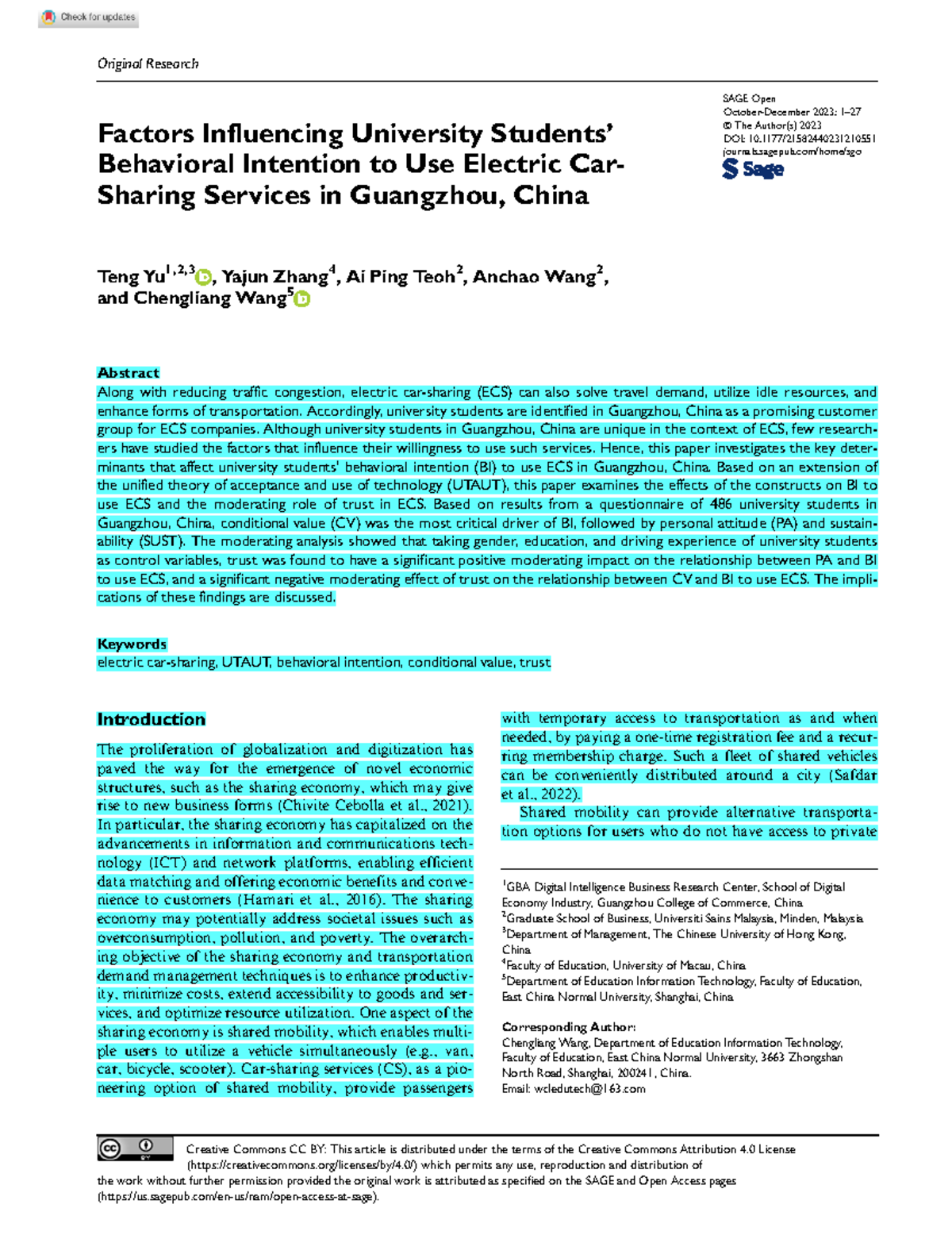 Yu et al 2023 factors influencing university students behavioral ...