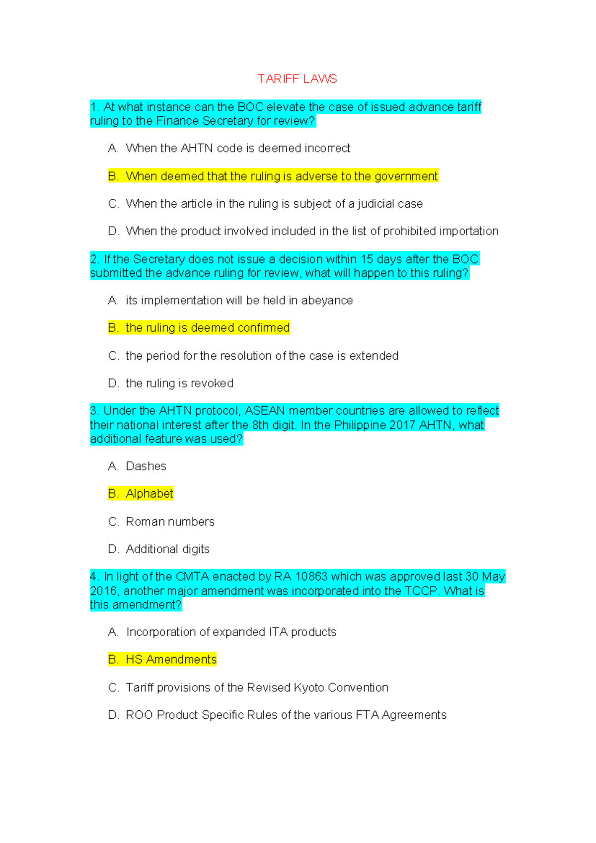 Tariff Laws Mock Board 2 Review Questions and Answers - Studocu