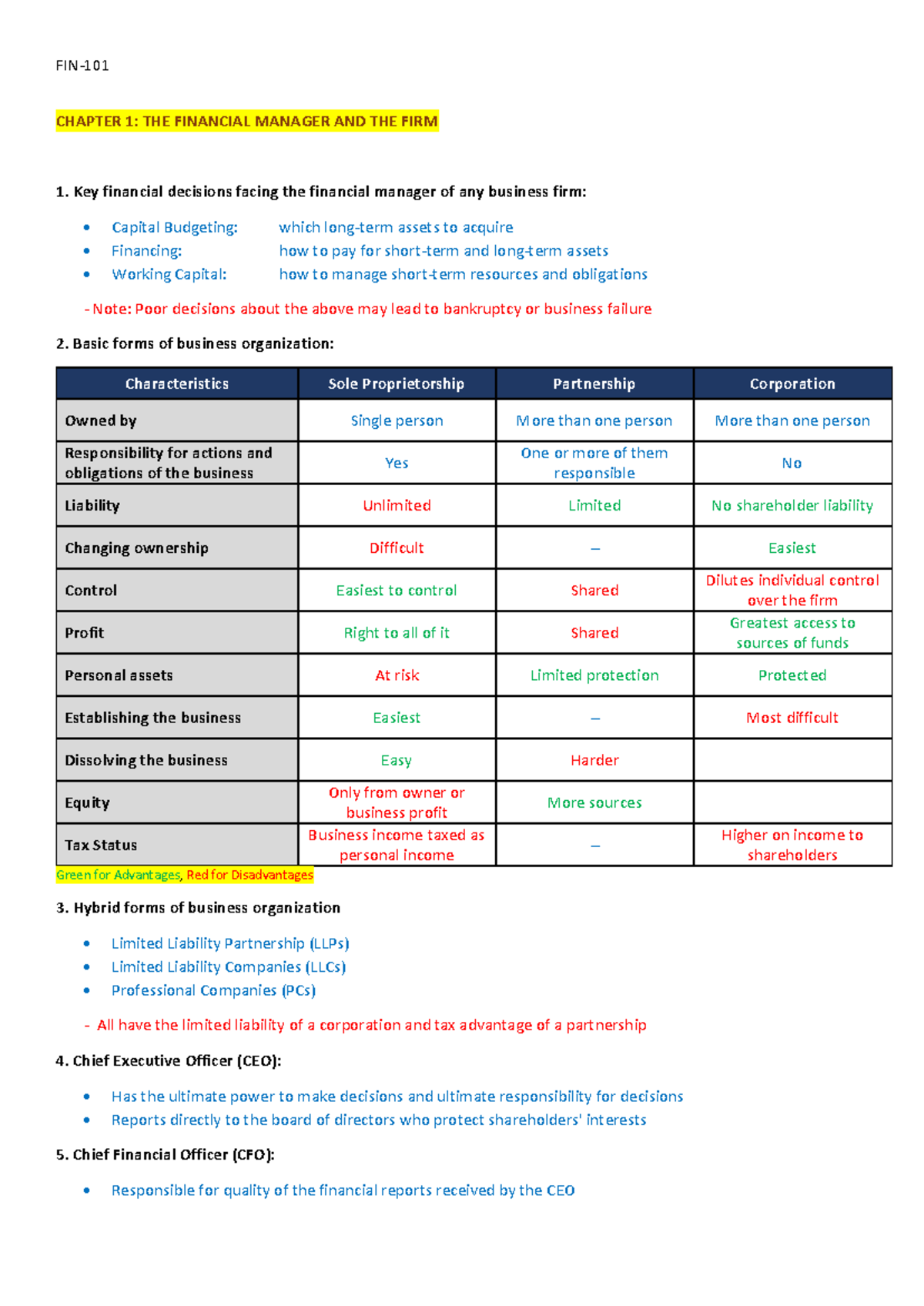 FIN101 - Summary of Key Concepts in Financial Management - Studocu