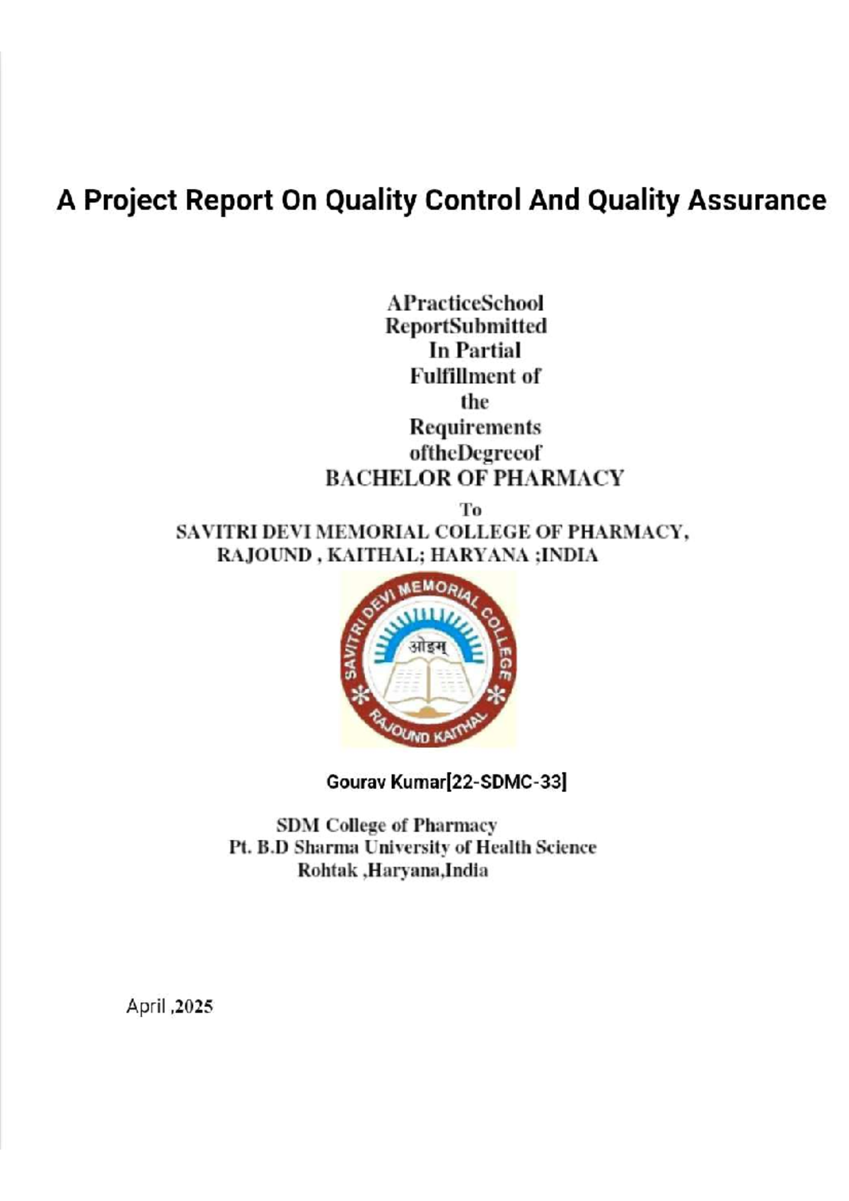BPH 7th SEM Project Report on Quality Control & Assurance in Pharmacy ...