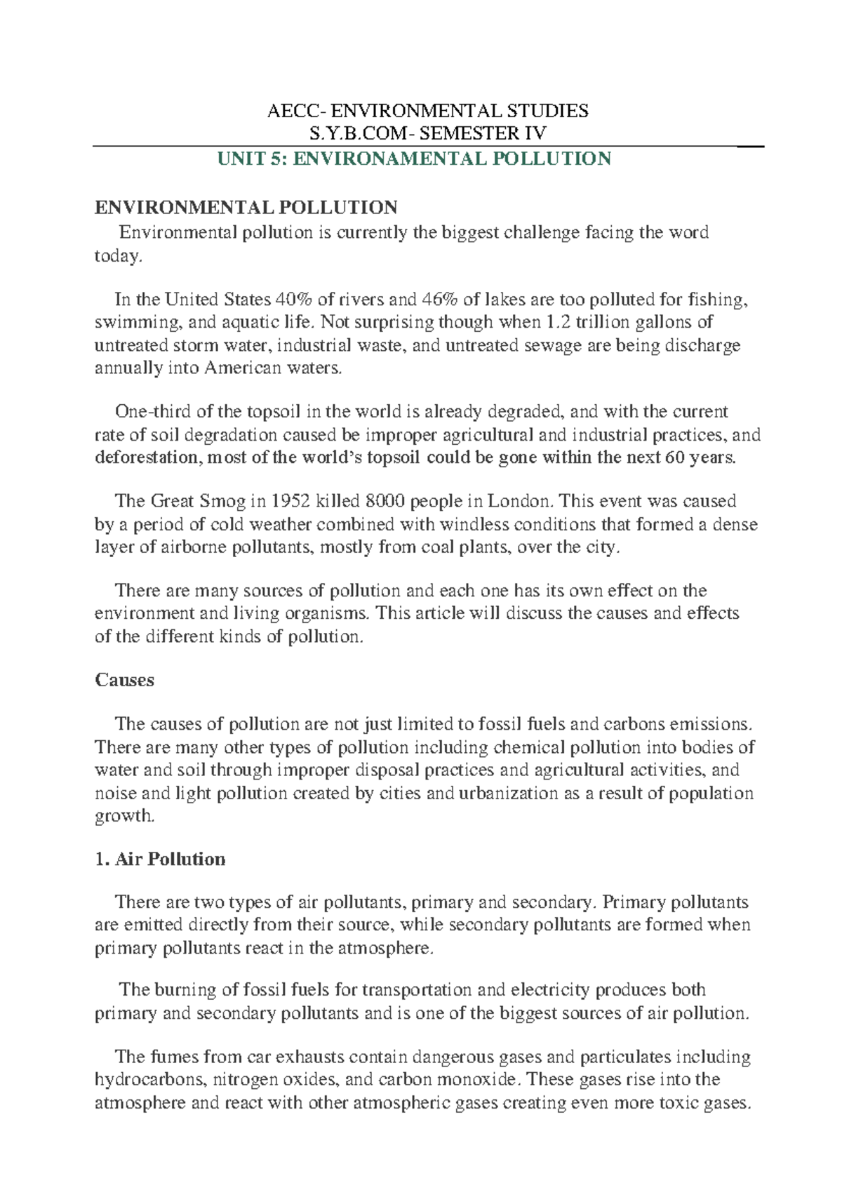 EVS SEM IV - Final Notes on Environmental Pollution and Hazards - Studocu