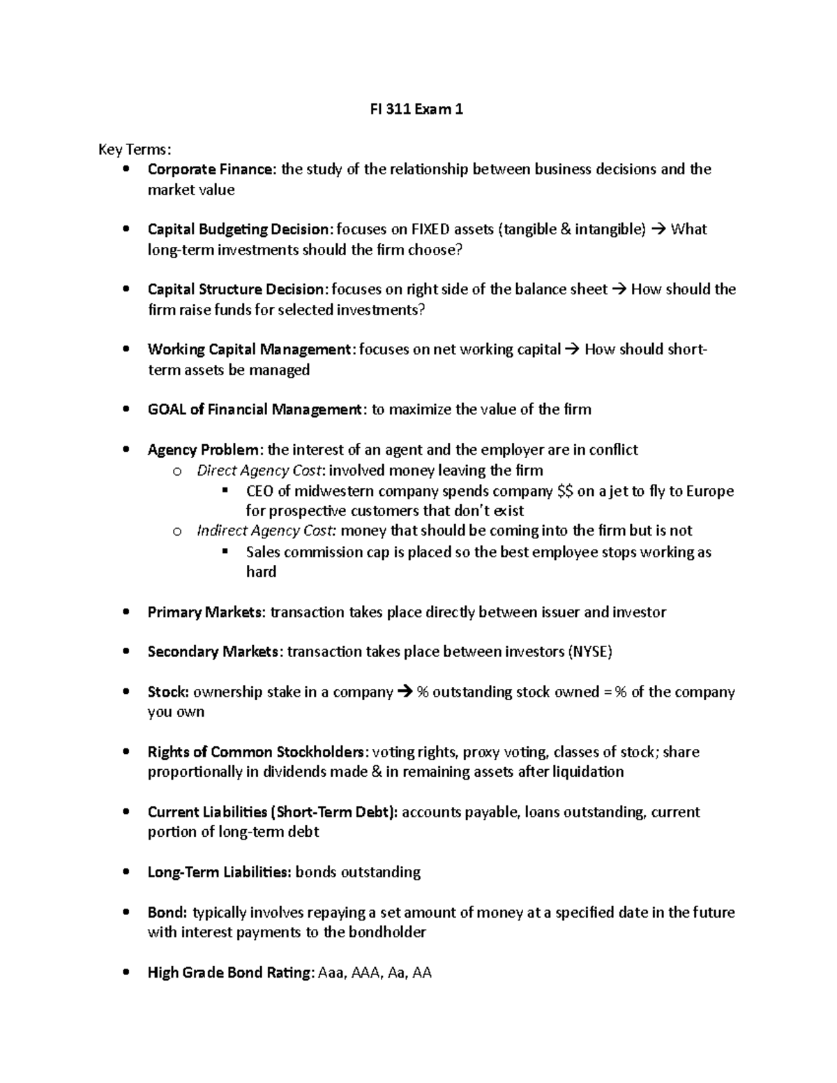 FI 311 Exam 1 Comprehensive Study Guide for Corporate Finance - Studocu