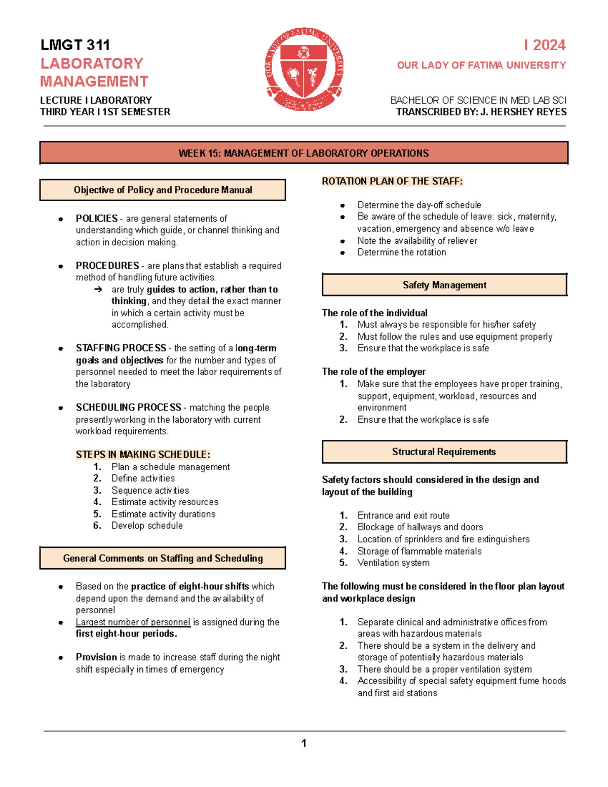 LMGT 311 Laboratory Management I: Week 15 Lecture on Safety & Staffing ...