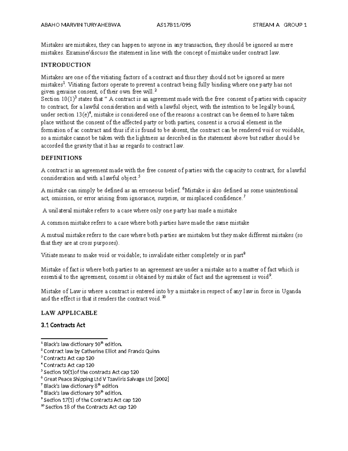 Marvin's Contract Law Notes: Understanding Mistakes in Contracts - Studocu