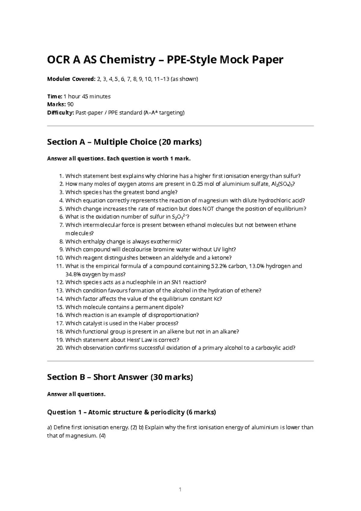OCR A AS Chemistry - PPE Mock Paper (Modules 2-10) - Studocu