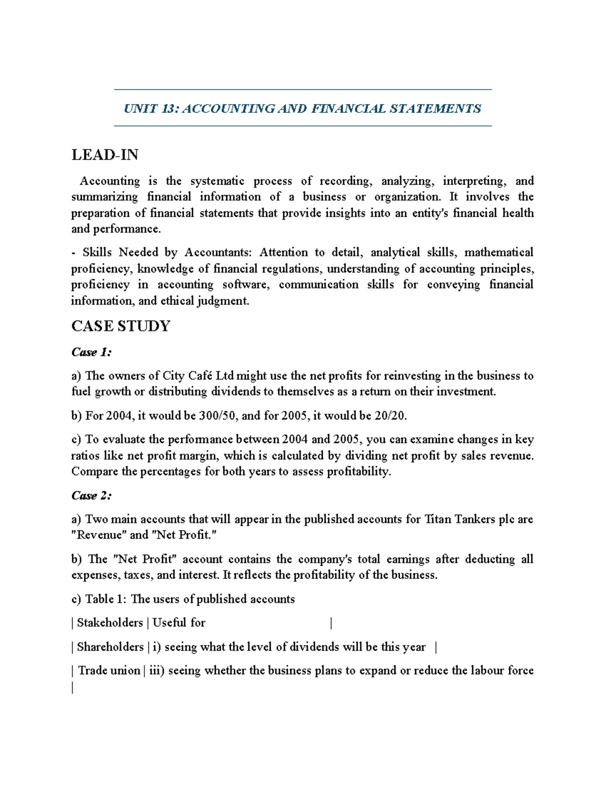 UNIT 13 - Summary of Accounting & Financial Statements - Studocu