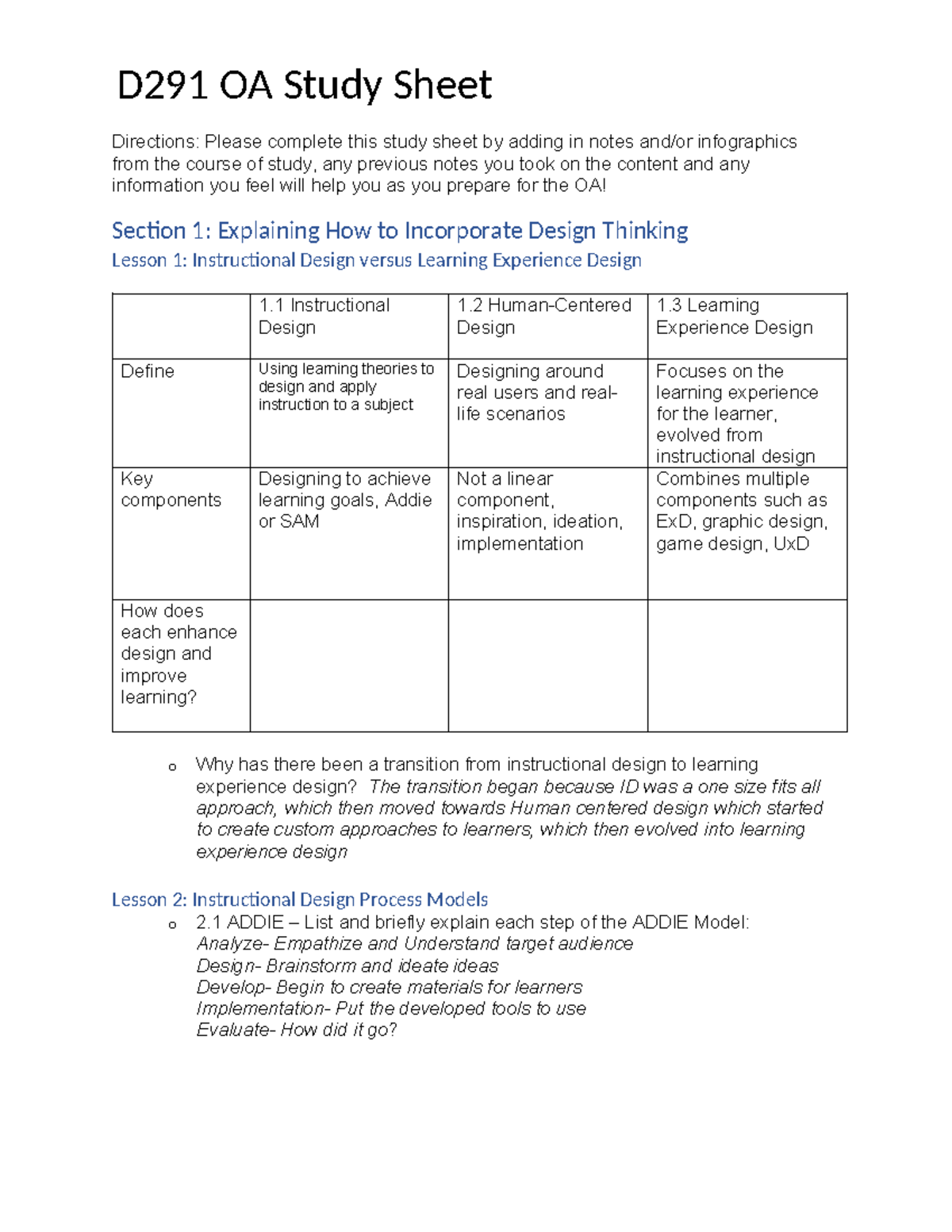 D291 OAStudy Sheet Sections - D291 OA Study Sheet Directions: Please ...