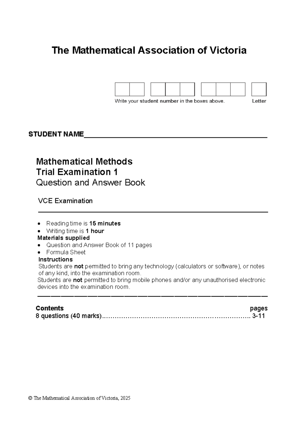 2025 MAV Mathematical Methods Trial Exam 1 - Practice Test - Studocu