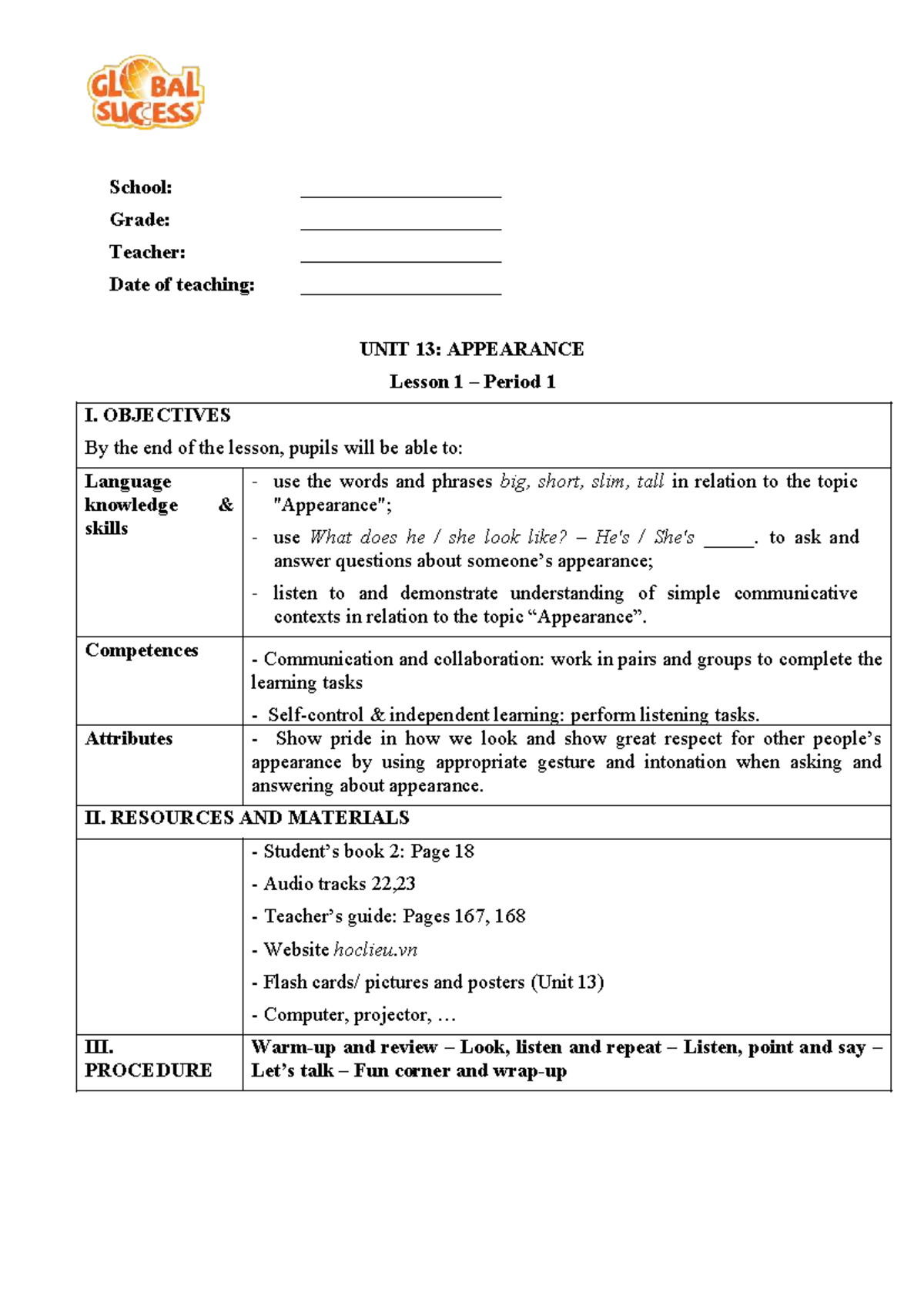 UNIT 13: APPEARANCE Lesson Plans for English 4 (CV 2345) - Studocu
