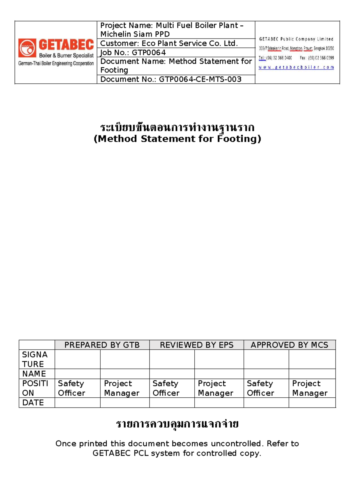 GTP0064-CE-MTS-003-MTS Method Statement for Footing - Studocu