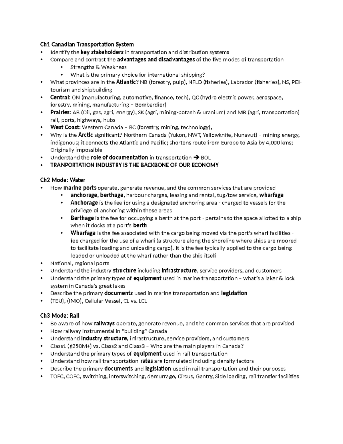 TRANSP 1010 Final Exam Review: Canadian Transportation Systems Overview ...